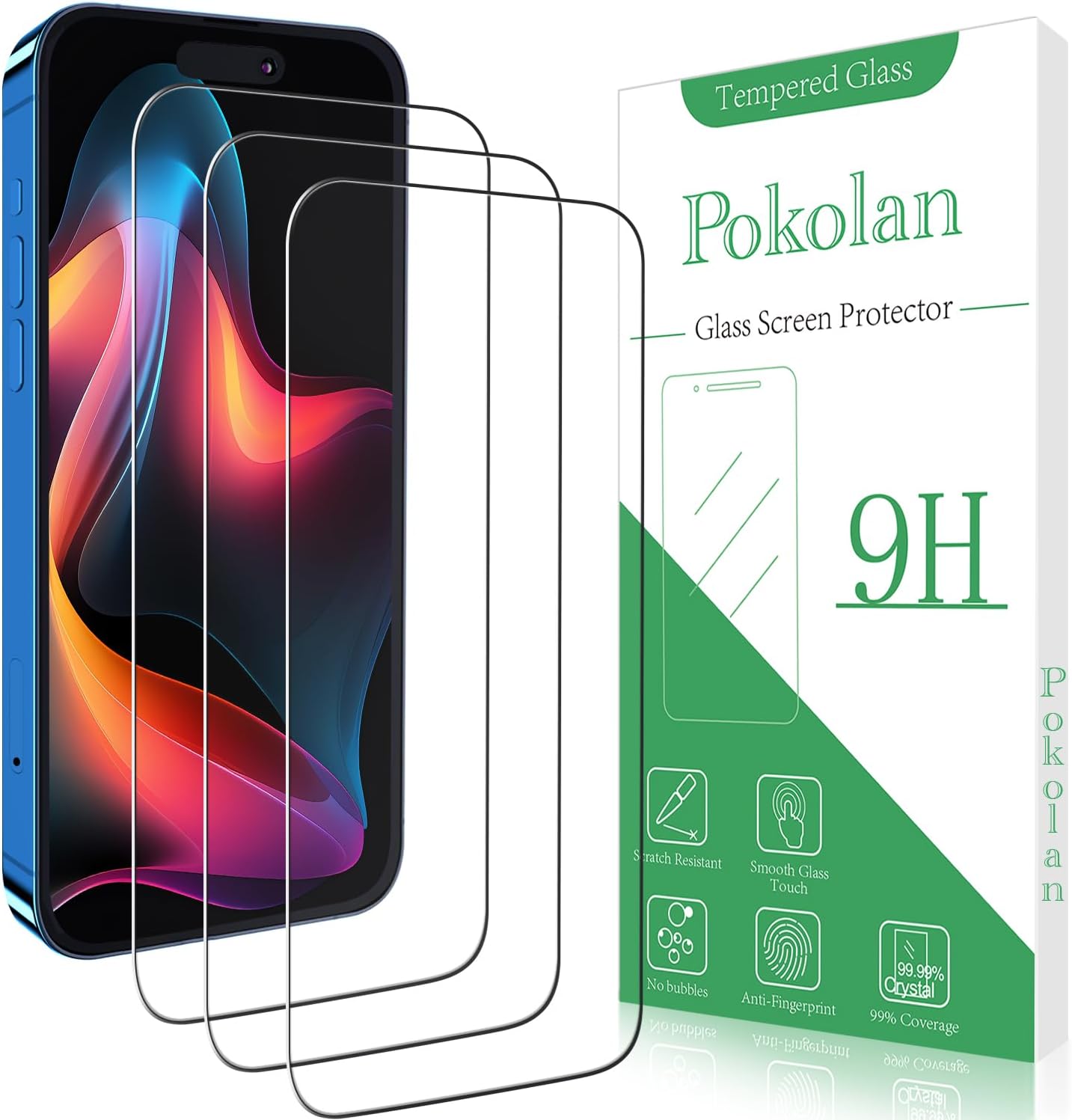 Pokolan Displayschutz für iPhone 16 Pro (6,3 Zoll), gehärtetes Glas, Härtegrad 9H, hüllenfreundlich, kratzfest, blasenfrei, 99,99% HD-klar, einfach anzubringen
