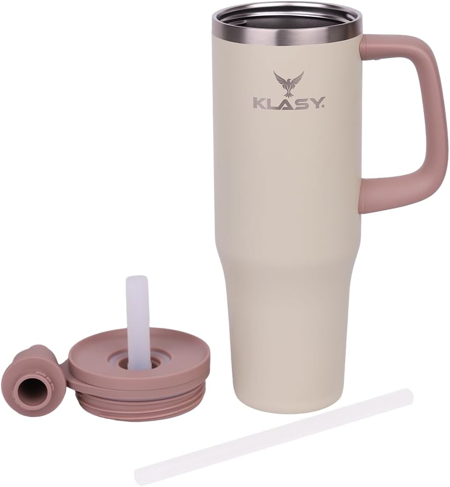 KLASY 40 Oz Stainless Steel Double Wall Vacuum Insulated Tumbler with Handle and Straw and Dust Proof Cap for Water, Coffee or Iced Tea