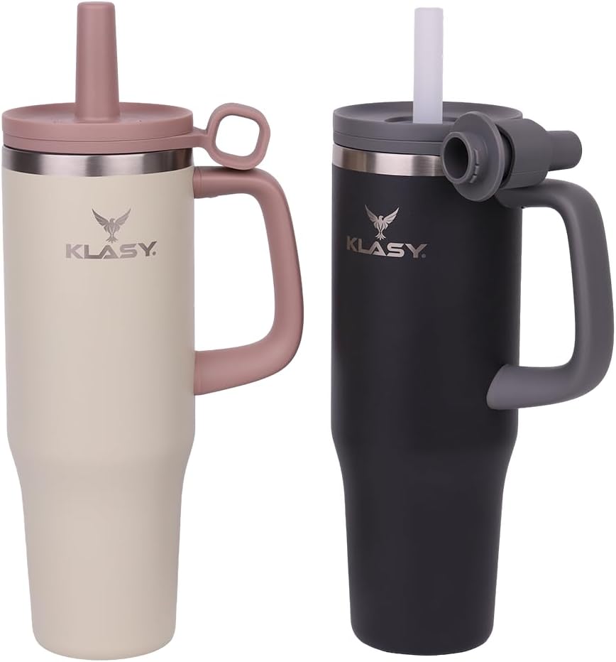 KLASY 40 Oz Stainless Steel Double Wall Vacuum Insulated Tumbler with Handle and Straw and Dust Proof Cap for Water, Coffee or Iced Tea