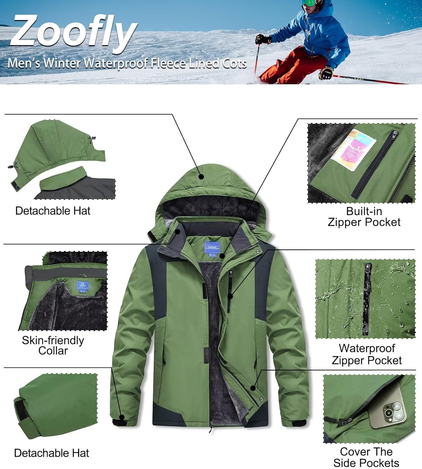 Mens Mountain Ski Jacket Waterproof Fleece Liner Snow Coat Warm Winter Windproof Hooded Raincoat · v3