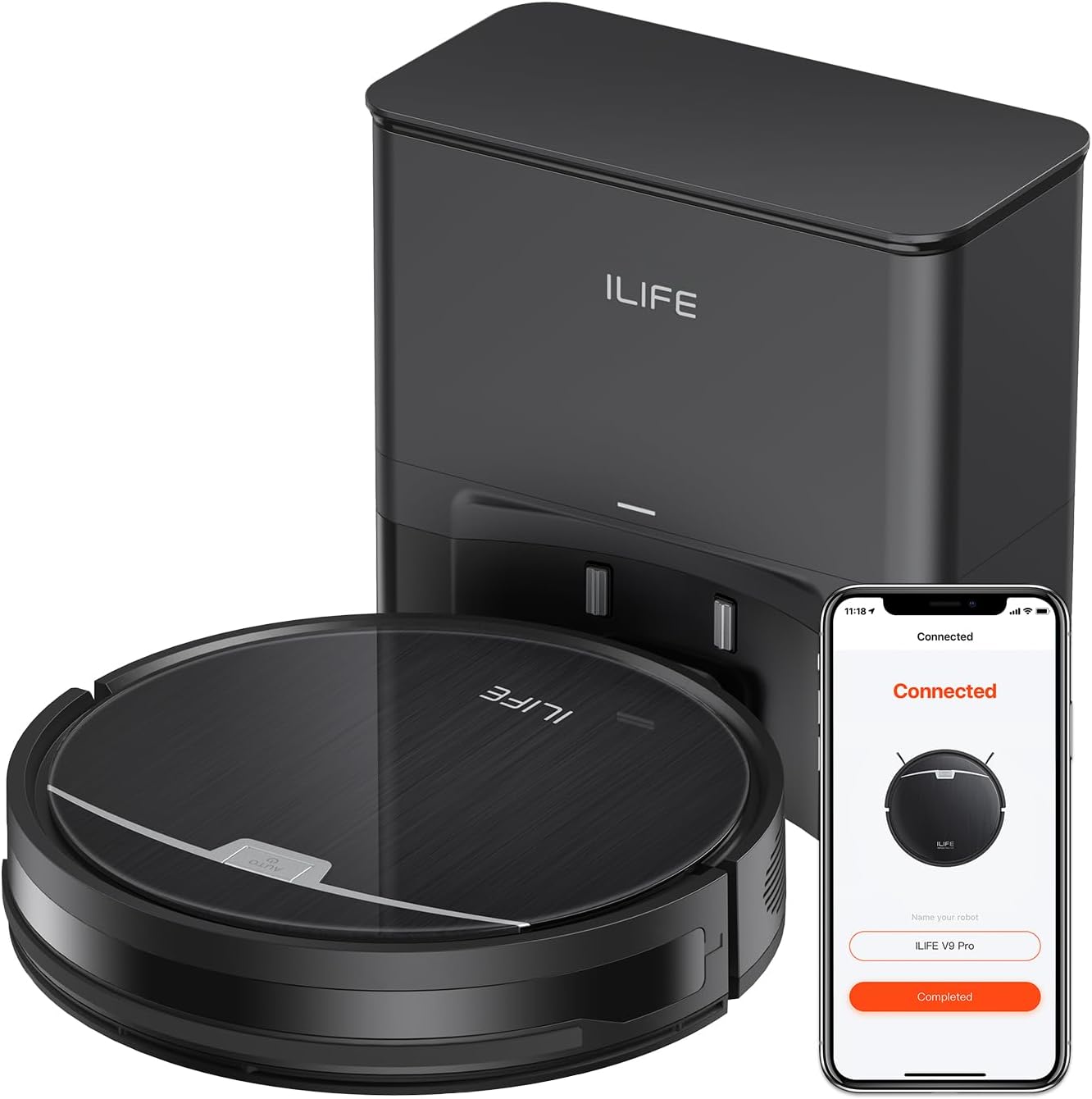 ILIFE V9 Pro Robot Vacuum and Mop Combo, Self-Emptying, 3000Pa Strong Suction Robot Vacuum Cleaner, Gyro Navigation, Schedule, App/Alexa Control, for Pet Hair, Hard Floors and Carpets, Black · v2