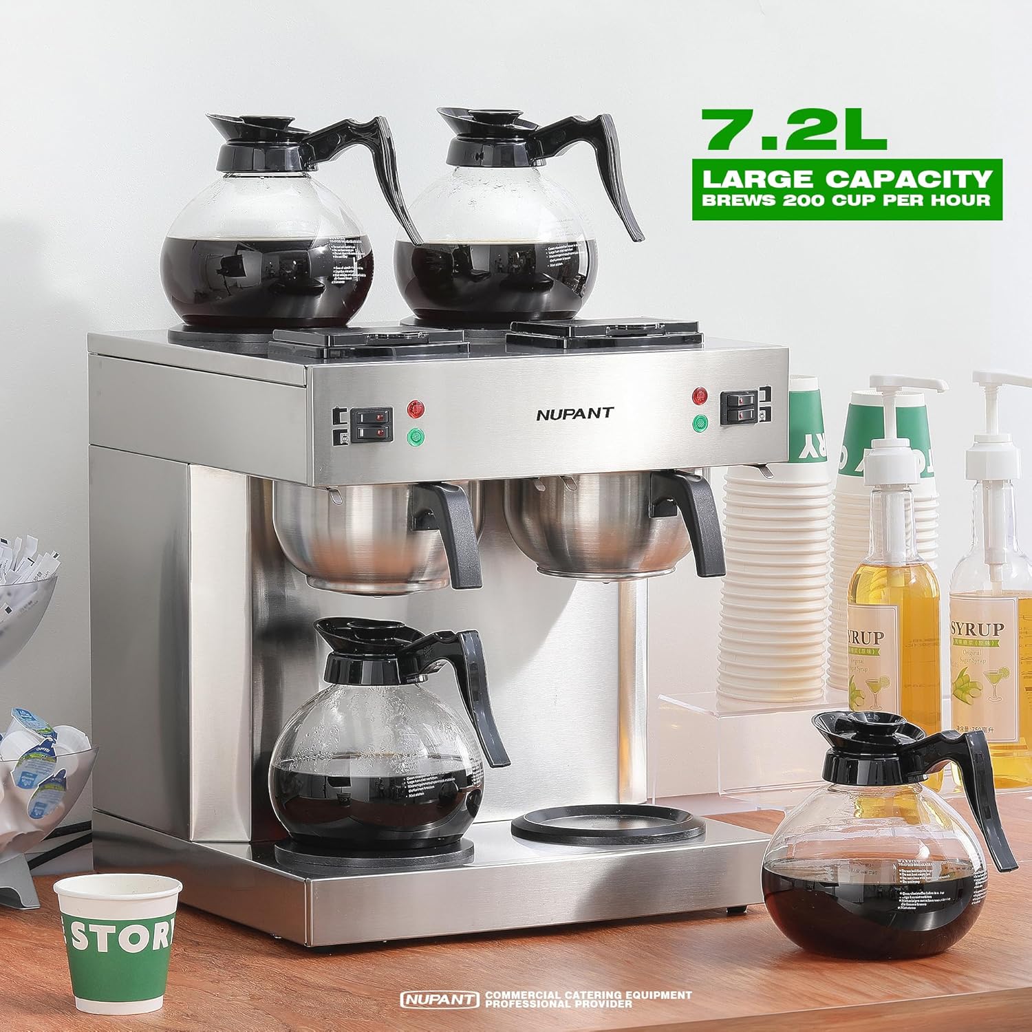 Dual Drip Commercial Coffee Maker, 200 Cup/hour, 7.2L Pour Over Coffee Machine with 4 Glass Carafe and 4 Warmers, Stainless Steel Double Coffee Brewer Staition for Restaurant and Coffee Bar · v2