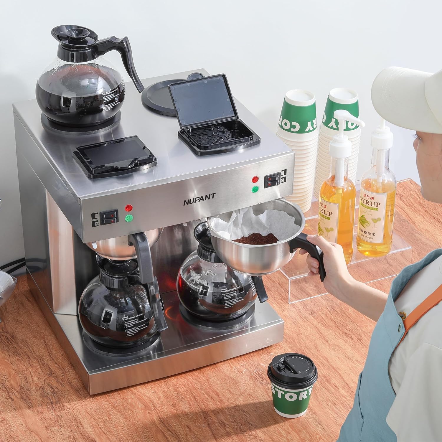 Dual Drip Commercial Coffee Maker, 200 Cup/hour, 7.2L Pour Over Coffee Machine with 4 Glass Carafe and 4 Warmers, Stainless Steel Double Coffee Brewer Staition for Restaurant and Coffee Bar · v2