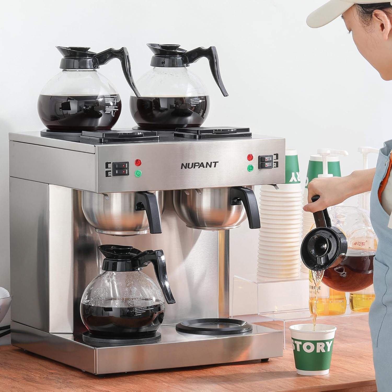 Dual Drip Commercial Coffee Maker, 200 Cup/hour, 7.2L Pour Over Coffee Machine with 4 Glass Carafe and 4 Warmers, Stainless Steel Double Coffee Brewer Staition for Restaurant and Coffee Bar · v2