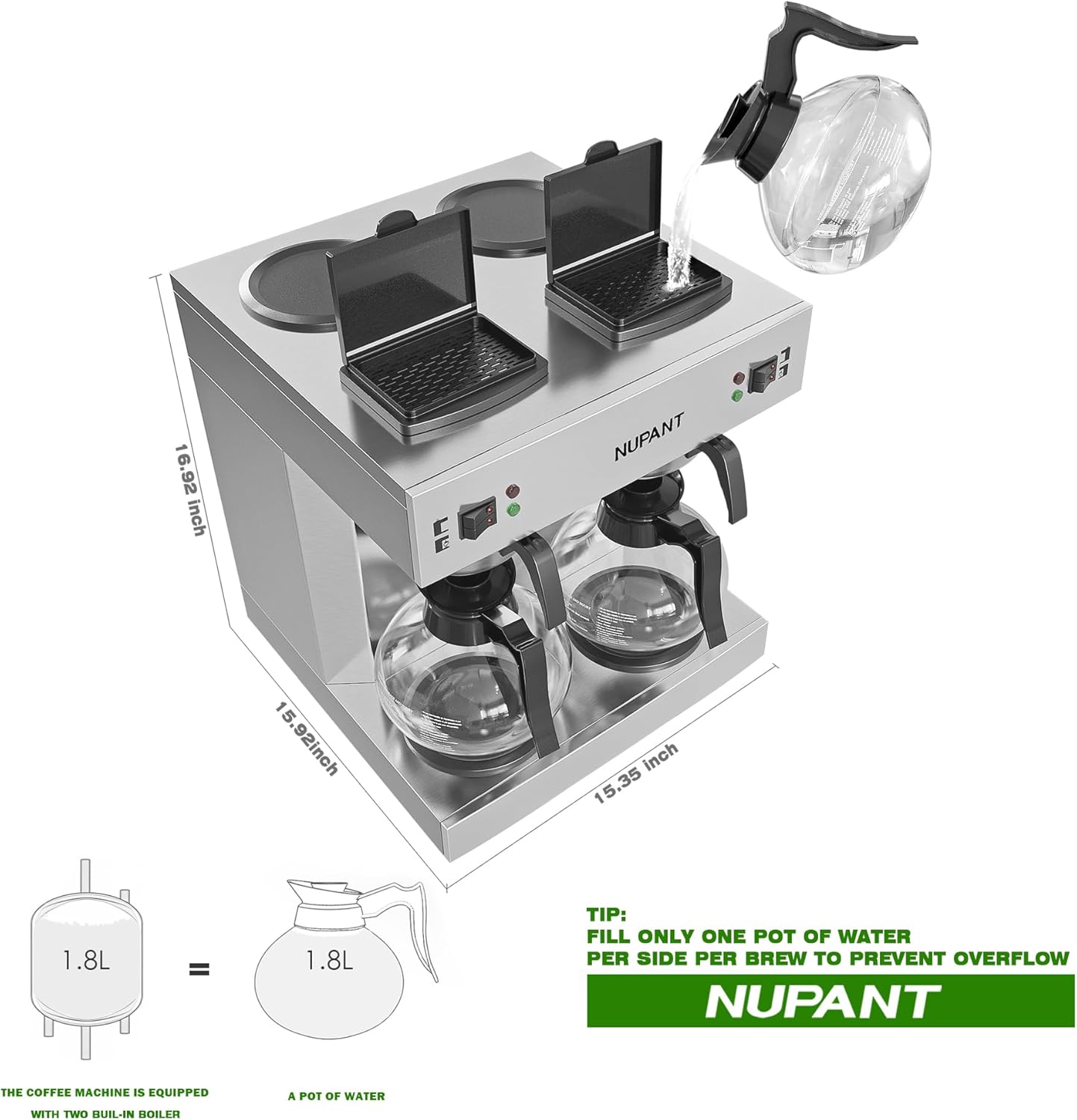 Dual Drip Commercial Coffee Maker, 200 Cup/hour, 7.2L Pour Over Coffee Machine with 4 Glass Carafe and 4 Warmers, Stainless Steel Double Coffee Brewer Staition for Restaurant and Coffee Bar · v2