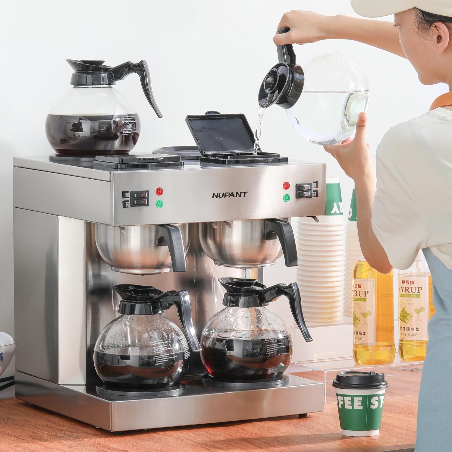 Dual Drip Commercial Coffee Maker, 200 Cup/hour, 7.2L Pour Over Coffee Machine with 4 Glass Carafe and 4 Warmers, Stainless Steel Double Coffee Brewer Staition for Restaurant and Coffee Bar · v2