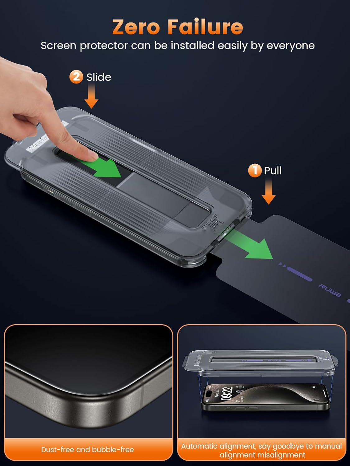 wodoodporny ochraniacz ekranu do iPhone'a 15 Pro Max - 2-pakowa folia z przezroczystego szkła hartowanego HD z zestawem do automatycznego usuwania pyłu, ochrona przed upadkiem twardości 9H | Odporna na zarysowania | Pełne pokrycie | Bez pęcherzyków