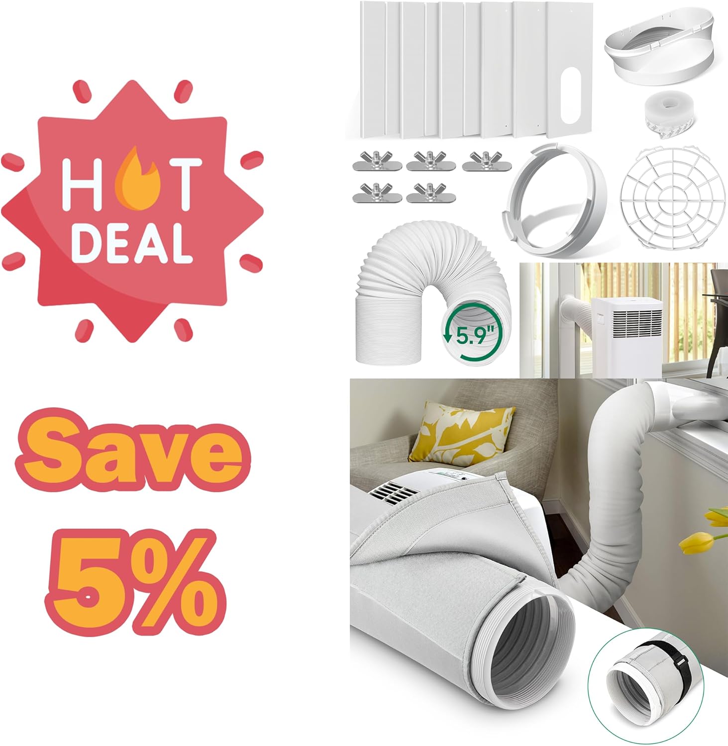 Portable AC Window Vent Kit, 12Pcs with 6 Slide Seal Plates  AC Hose Cover Wrap