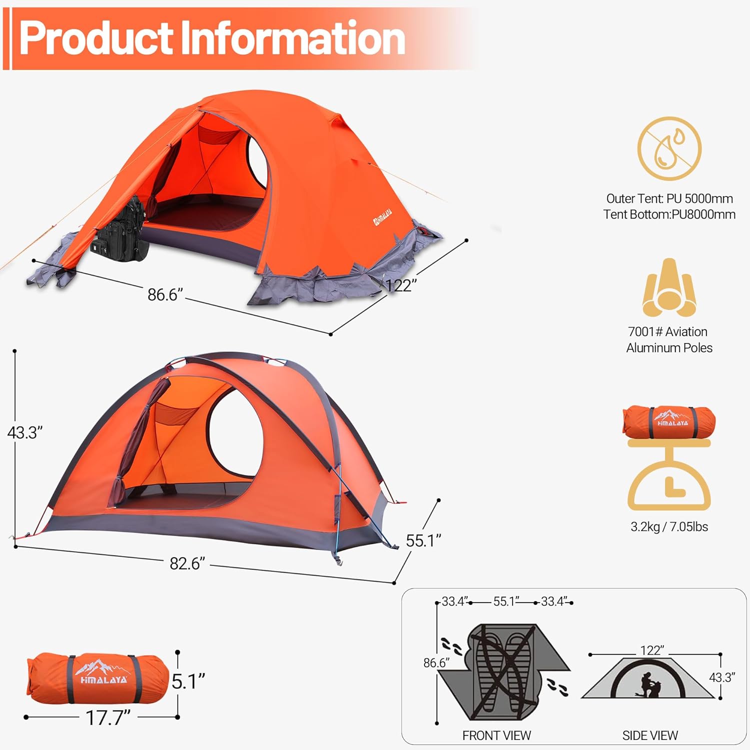 Himalaya 2 Person 4 Season Tent, Winter Camping Tent Ultralight Waterproof with Aluminum Alloy Poles PU8000mm Double Layer Easy Set Up for Cold Weather Outdoor Camping Hiking Mountaineering · v7