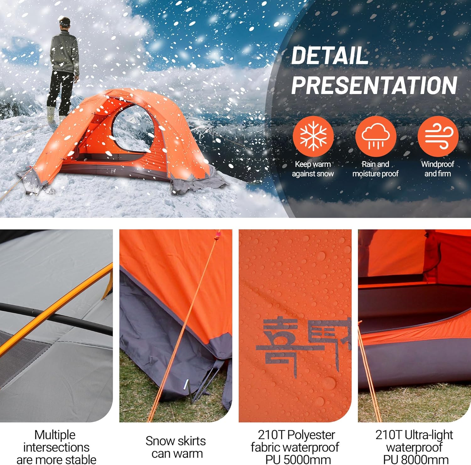 Himalaya 2 Person 4 Season Tent, Winter Camping Tent Ultralight Waterproof with Aluminum Alloy Poles PU8000mm Double Layer Easy Set Up for Cold Weather Outdoor Camping Hiking Mountaineering · v7