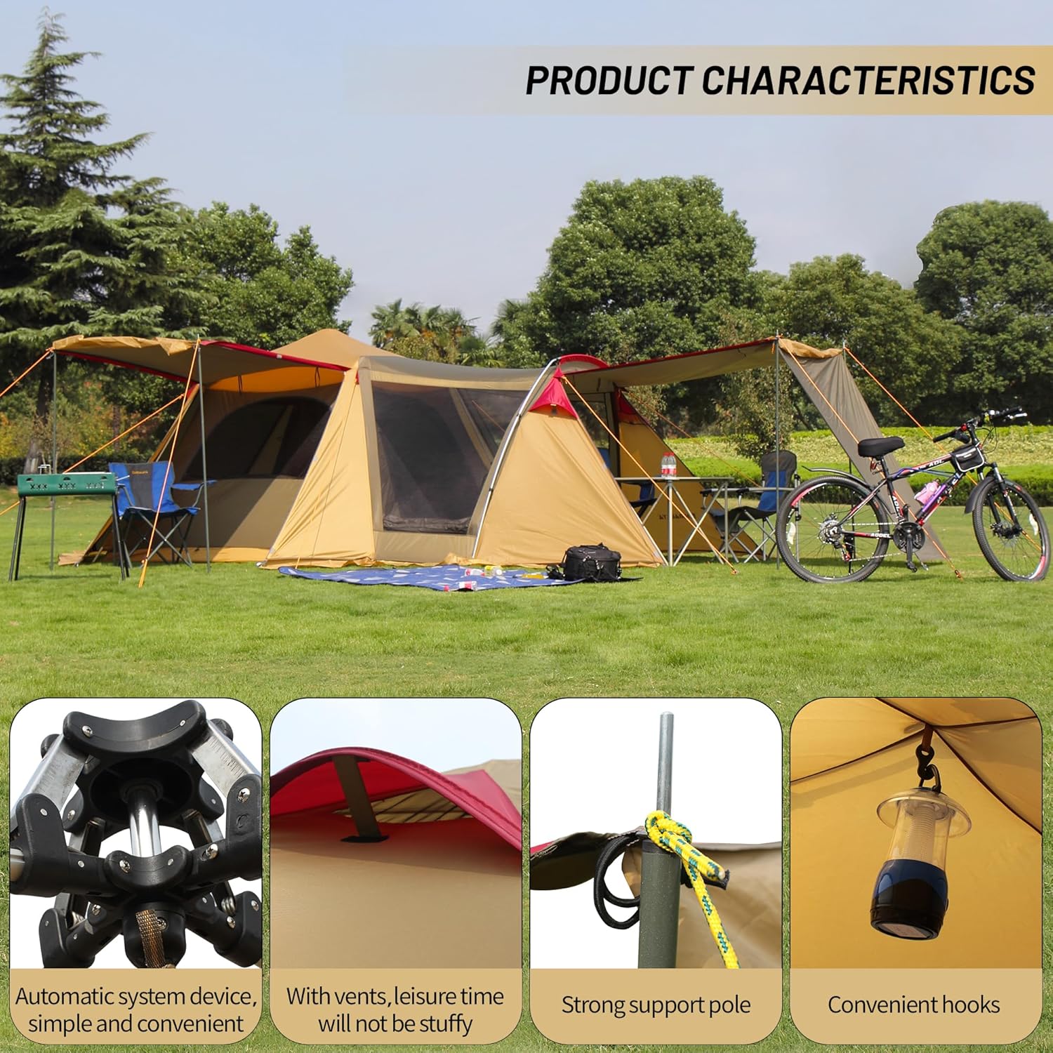 Familien-Campingzelt für 4 Personen mit 2 Zimmern, 4 Türen, doppellagig, geräumig, wasserdicht, winddicht, großes Glamping-Zelt, Verdunkelungszelt, einfacher Aufbau für Familiencamping, Picknick, Wandern