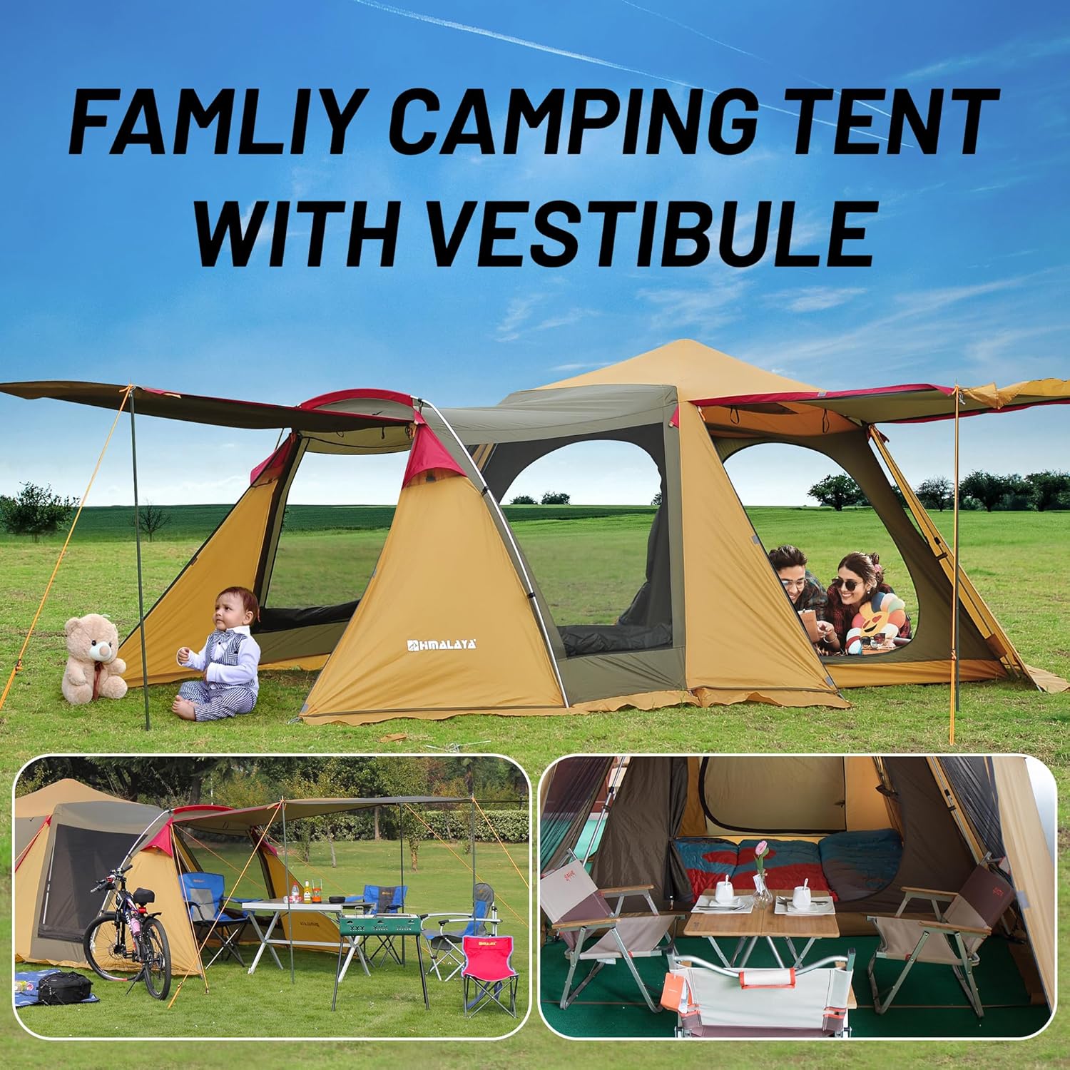 Familien-Campingzelt für 4 Personen mit 2 Zimmern, 4 Türen, doppellagig, geräumig, wasserdicht, winddicht, großes Glamping-Zelt, Verdunkelungszelt, einfacher Aufbau für Familiencamping, Picknick, Wandern