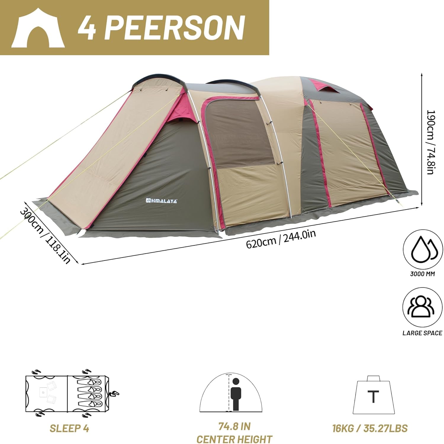 Family Camping Tent with Spacious Interior 3-4 Person Waterproof Windproof Camping Tent Portable for Outdoor Camping Beach · v7