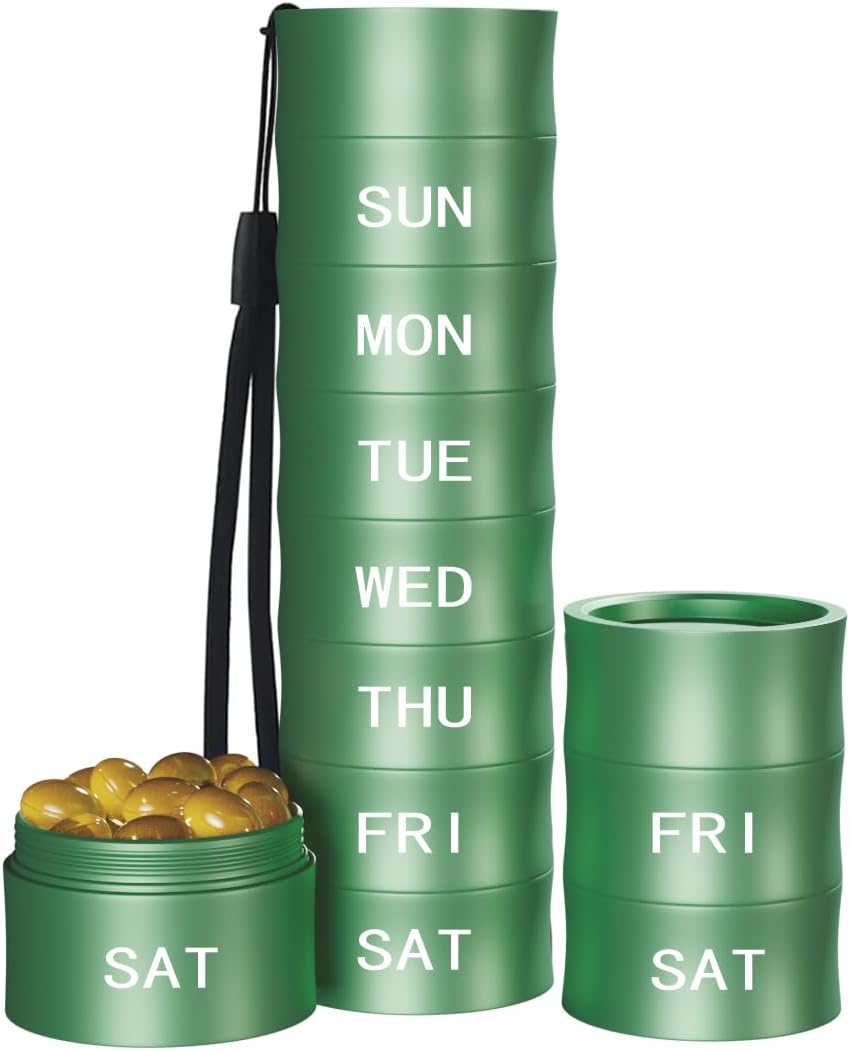 Pill Organizer, Bamboo-shaped Portable Waterproof Pill Box, BPA Free 7 Day Medicine Pill Organizer Holder for Vitamin, Fish Oil, Supplements and Medication, Green