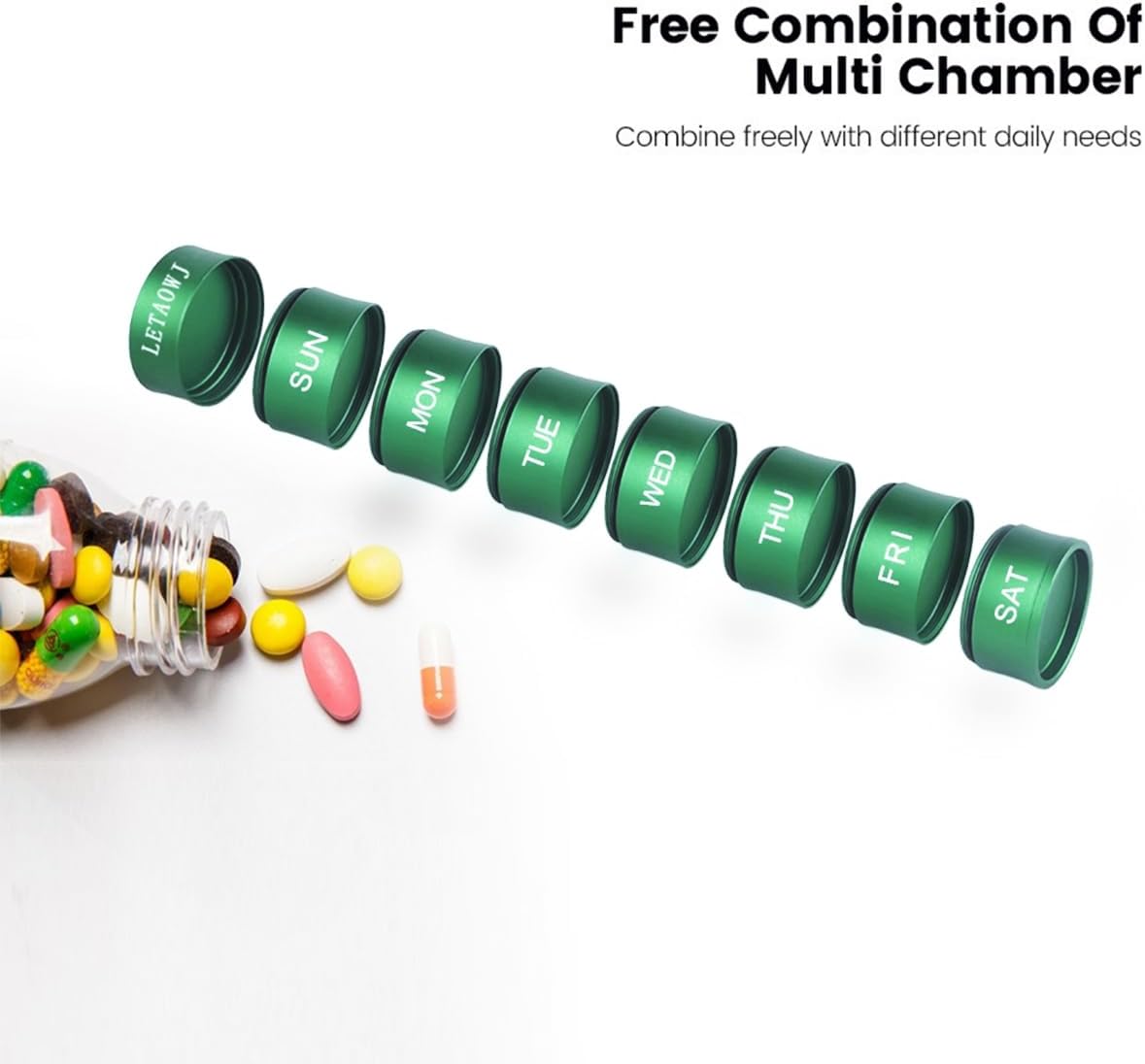Pill Organizer, Bamboo-shaped Portable Waterproof Pill Box, BPA Free 7 Day Medicine Pill Organizer Holder for Vitamin, Fish Oil, Supplements and Medication, Green
