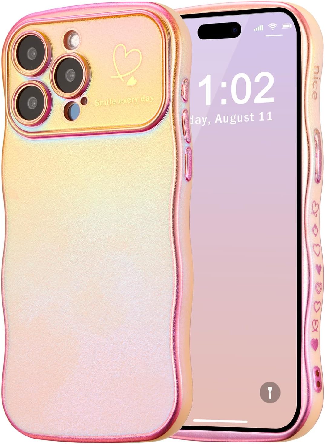 Custodia ZTOFERA per iPhone 14 Pro 6.1, graziosa custodia con cornice a onde ricce con motivo a cuori d'amore, custodia con bordo placcato iridescente con protezione completa della fotocamera Cover antiurto per telefono per donne e ragazze, rosa
