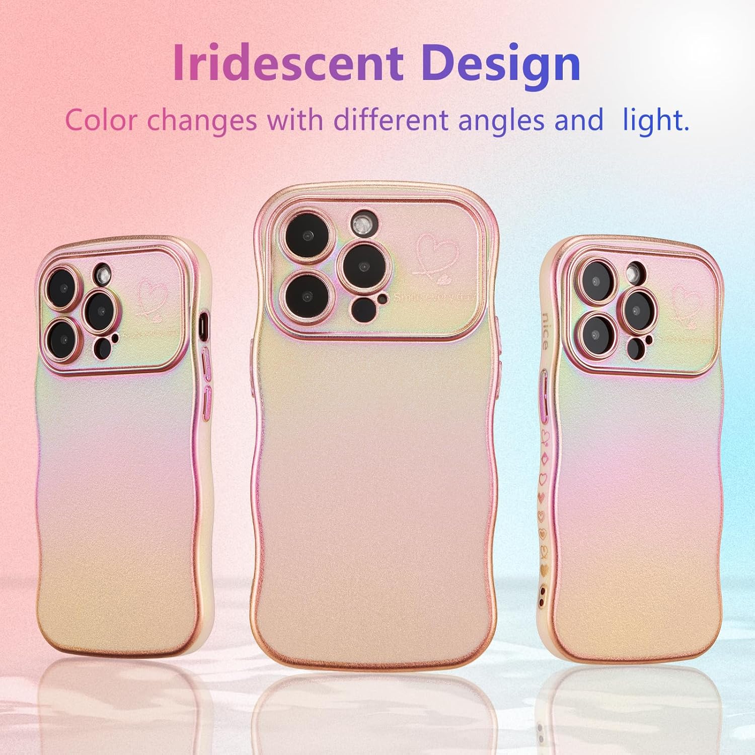 ZTOFERA for iPhone 14 Pro Case 6.1,Cute Curly Wave Frame Case with Love Heart Pattern,Iridescent Plating Edge Case with Full Camera Protection Shockproof Phone Cover for Women Girls,Pink