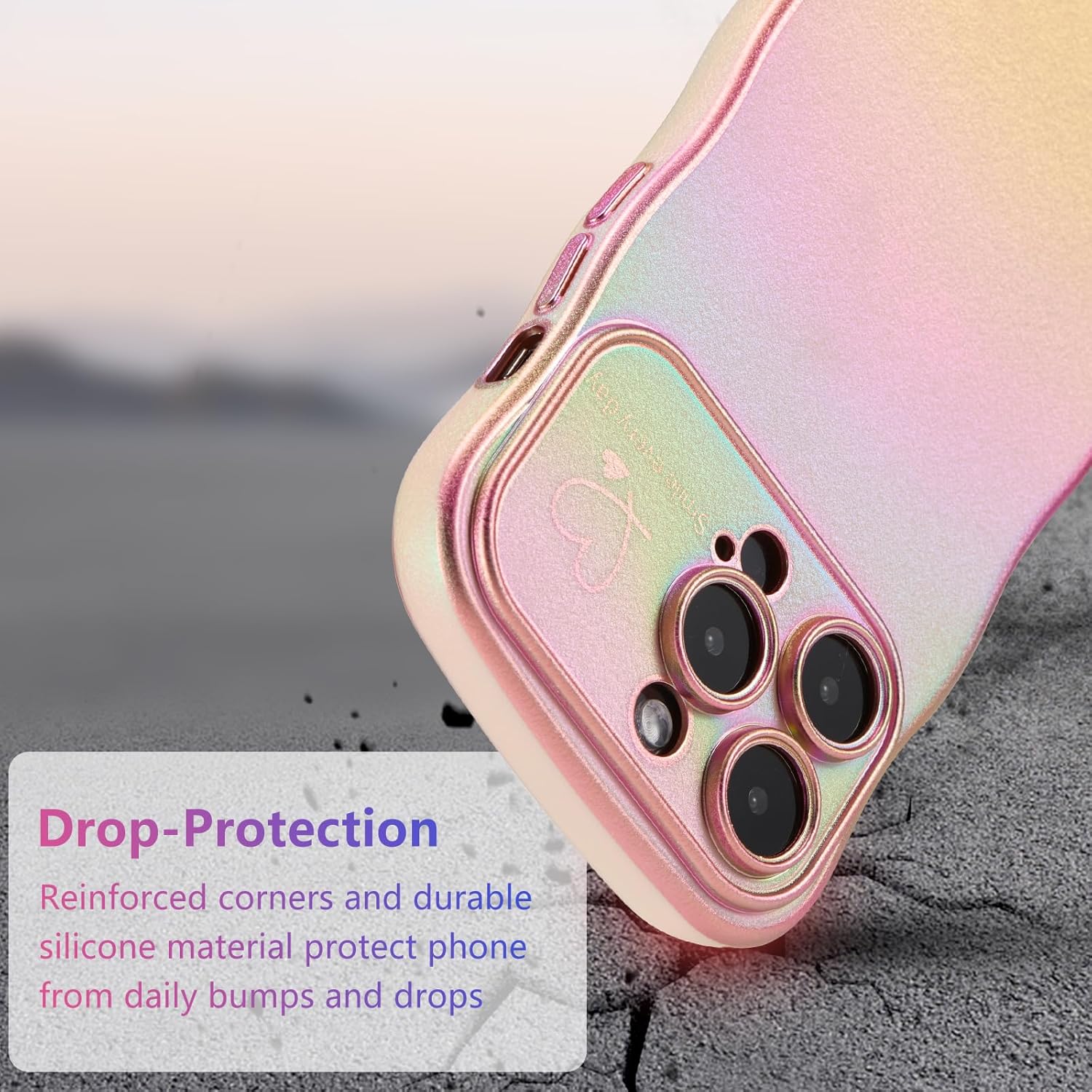 ZTOFERA for iPhone 14 Pro Case 6.1,Cute Curly Wave Frame Case with Love Heart Pattern,Iridescent Plating Edge Case with Full Camera Protection Shockproof Phone Cover for Women Girls,Pink
