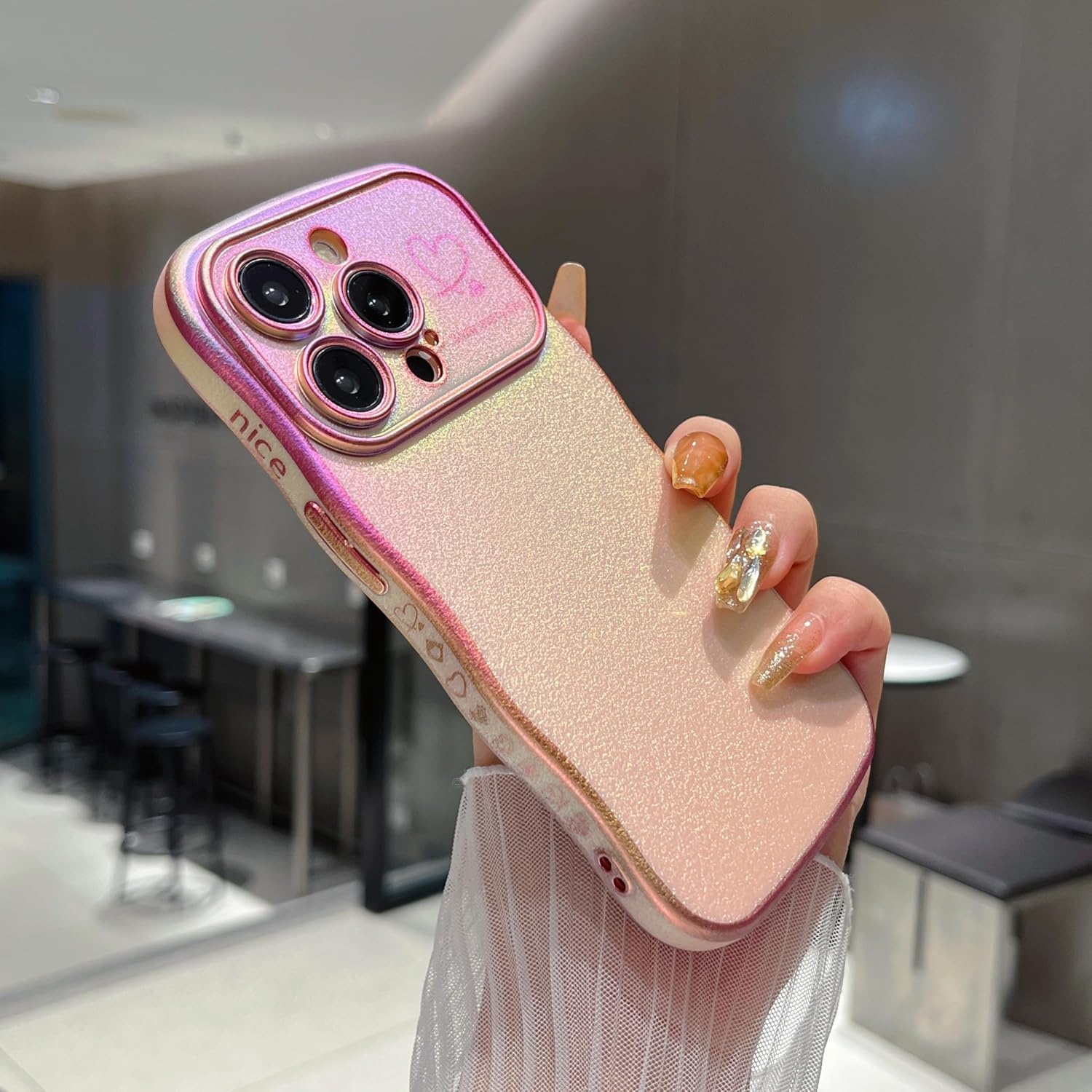 ZTOFERA for iPhone 14 Pro Case 6.1,Cute Curly Wave Frame Case with Love Heart Pattern,Iridescent Plating Edge Case with Full Camera Protection Shockproof Phone Cover for Women Girls,Pink