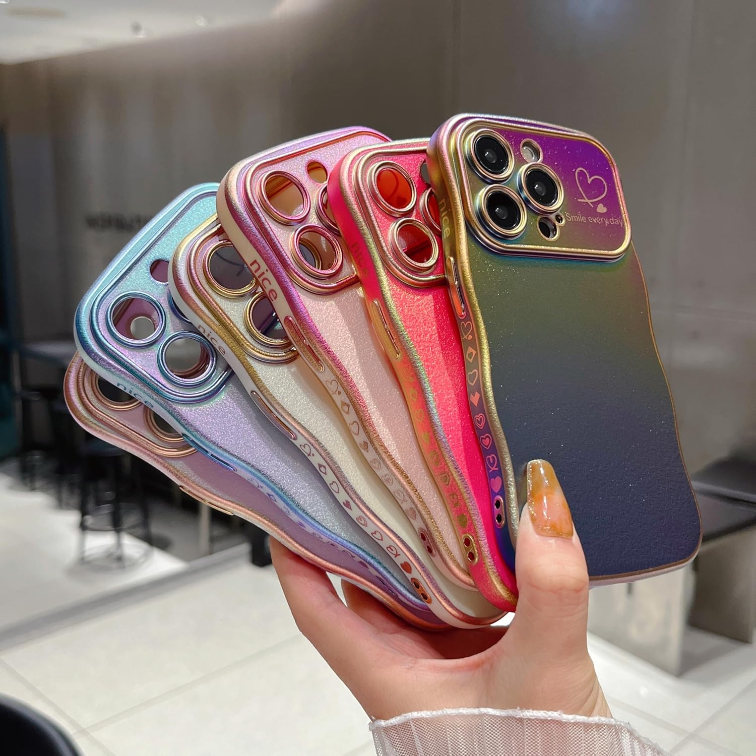 ZTOFERA for iPhone 14 Pro Case 6.1,Cute Curly Wave Frame Case with Love Heart Pattern,Iridescent Plating Edge Case with Full Camera Protection Shockproof Phone Cover for Women Girls,Pink