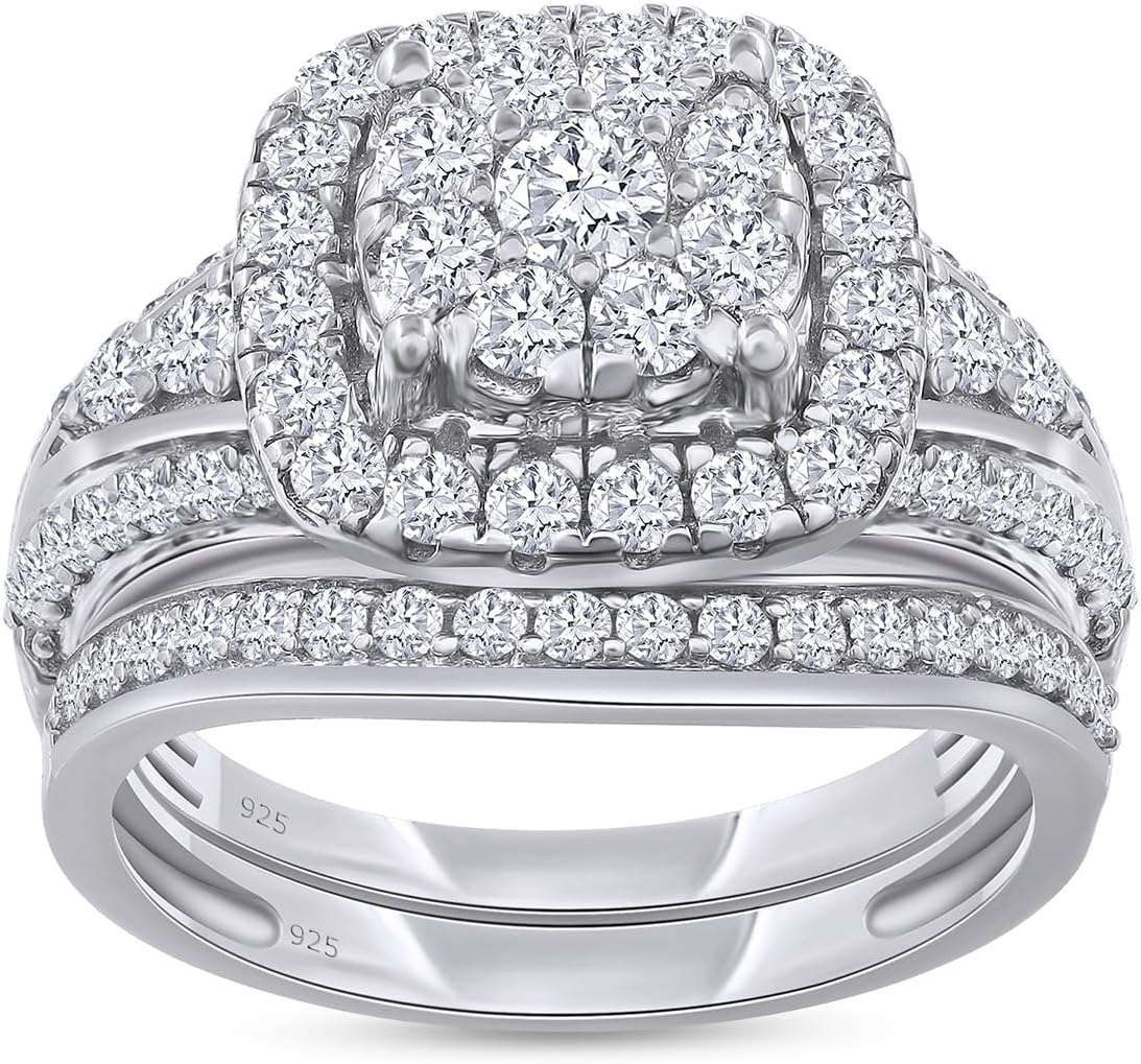 SAVEARTH DIAMONDS 1 1/4 CTTW Round Lab Created Moissanite  Lab Grown Diamond Double Halo Bridal Set Wedding Ring In 14k Gold Over Sterling Silver (1.25 Cttw), Gift For Her · v2