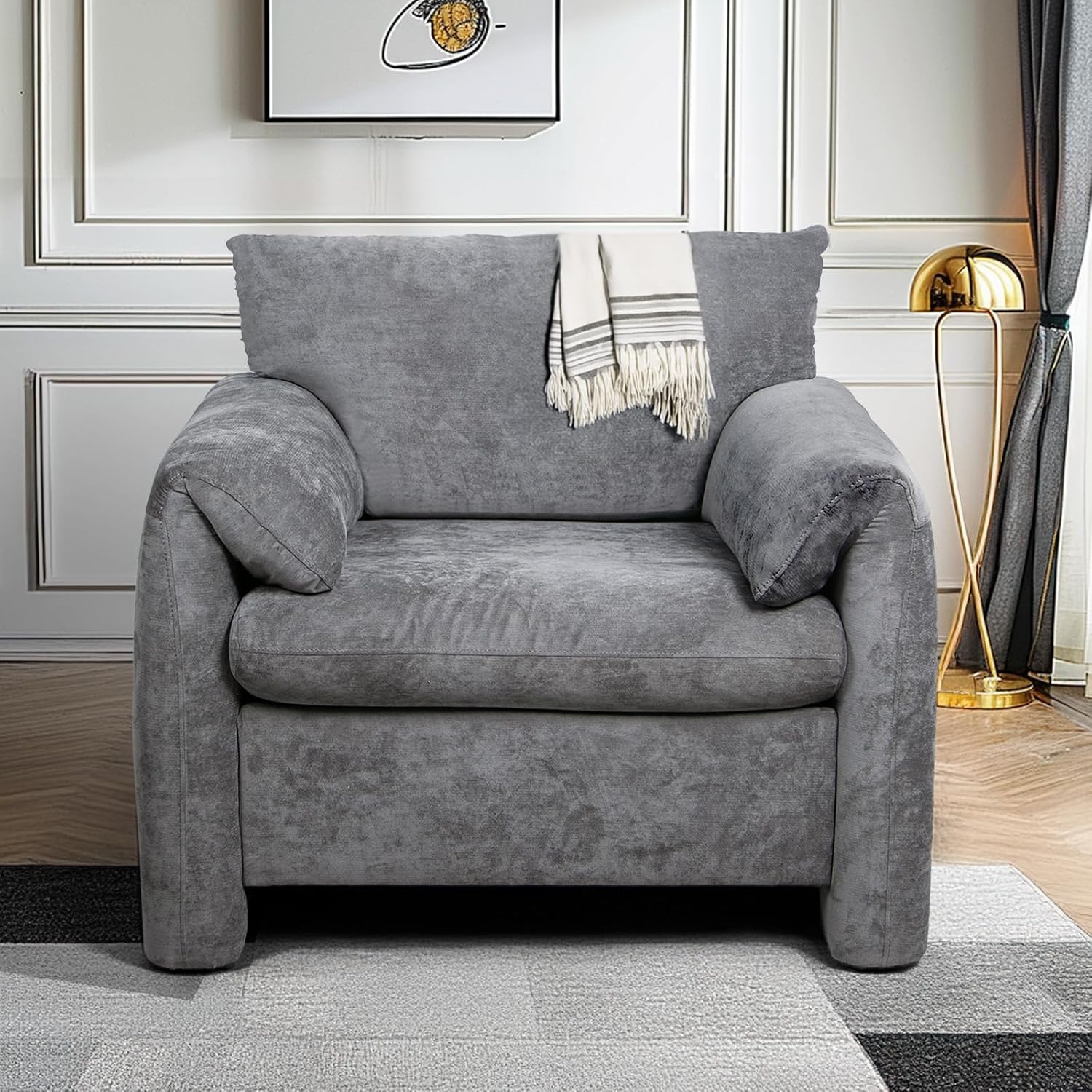 Chenille Oversized Armchair-Modern Accent Chair  Single Sofa Lounge, 34' Wide, Comfortable Seating for Living Room amp; Bedroom, Grey
