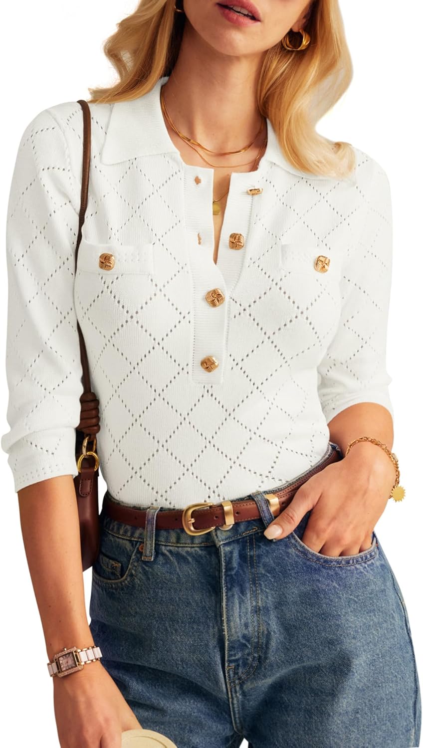GRACE KARIN Sweaters for Women 3/4 Sleeve Polo Gold Button Knit Tops Slim Fitted Casual Work Collared Pullover Sweaters · v3