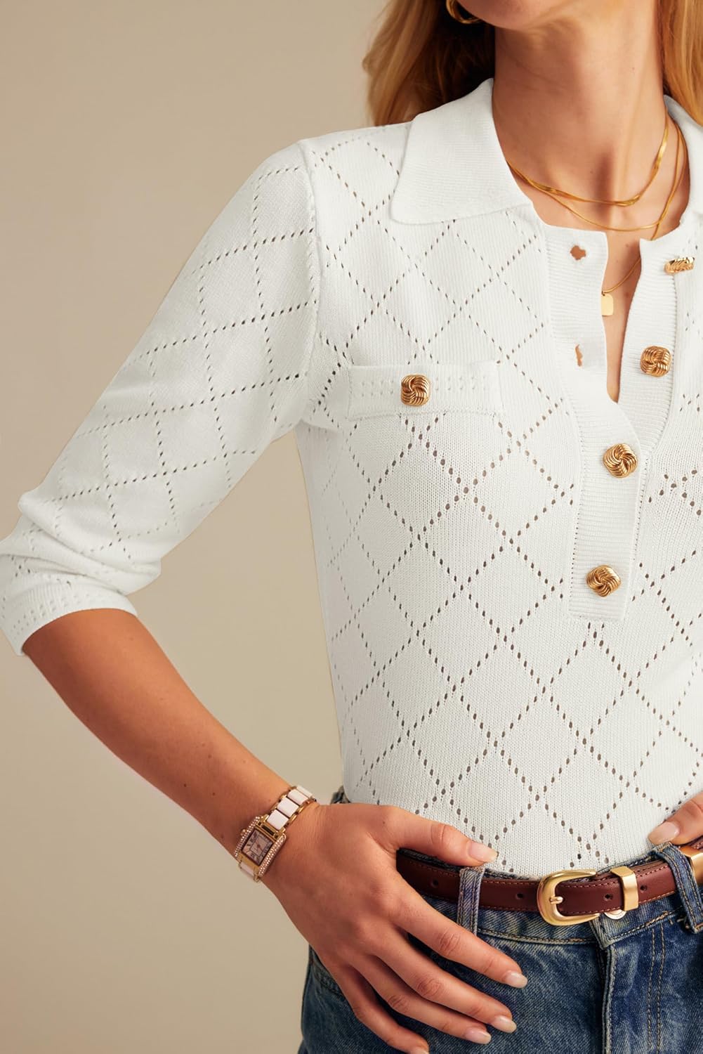 GRACE KARIN Sweaters for Women 3/4 Sleeve Polo Gold Button Knit Tops Slim Fitted Casual Work Collared Pullover Sweaters · v3
