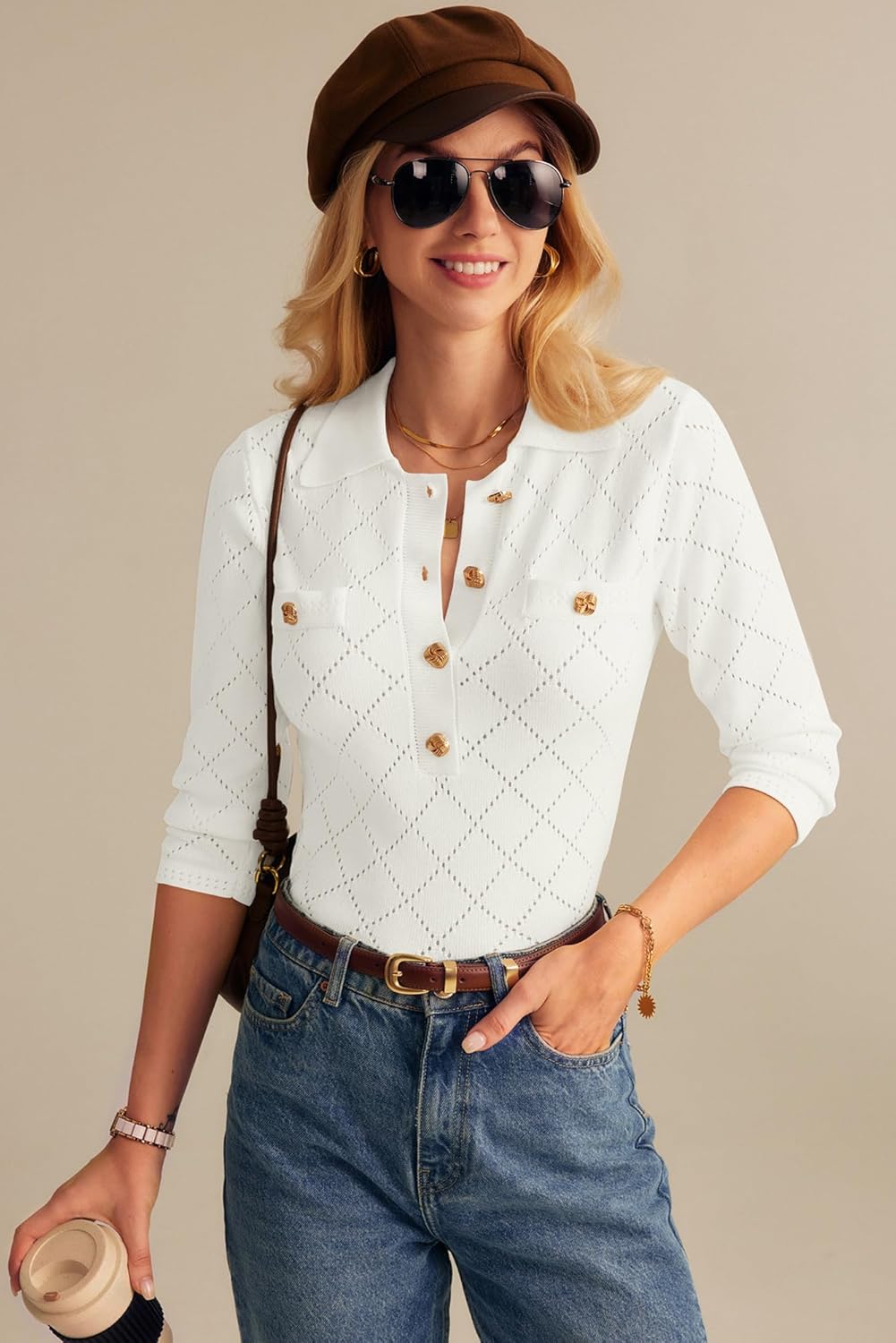 GRACE KARIN Sweaters for Women 3/4 Sleeve Polo Gold Button Knit Tops Slim Fitted Casual Work Collared Pullover Sweaters · v3