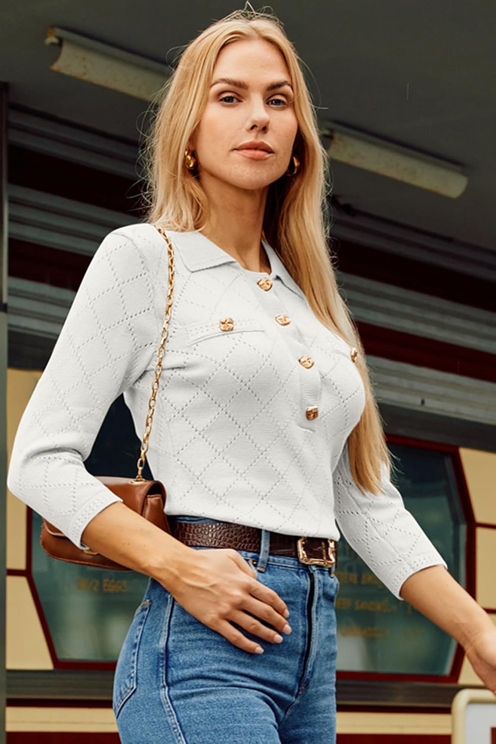 GRACE KARIN Sweaters for Women 3/4 Sleeve Polo Gold Button Knit Tops Slim Fitted Casual Work Collared Pullover Sweaters · v3