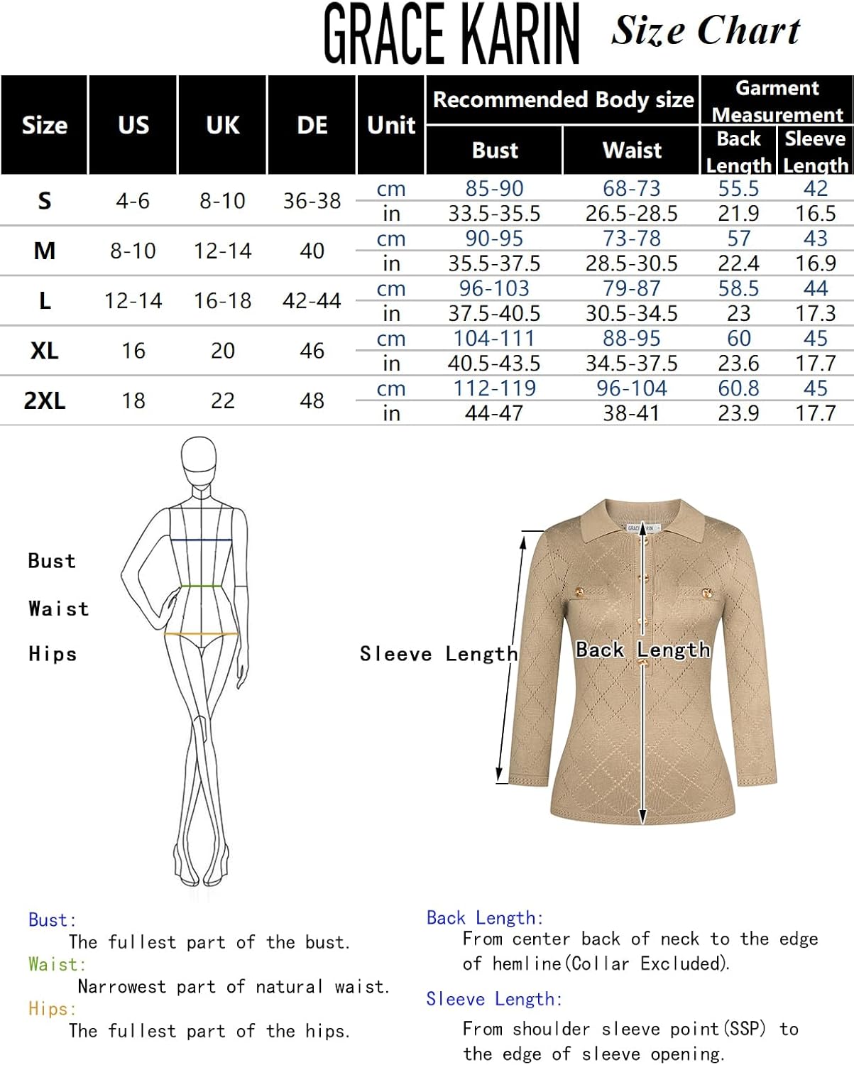 GRACE KARIN Sweaters for Women 3/4 Sleeve Polo Gold Button Knit Tops Slim Fitted Casual Work Collared Pullover Sweaters · v3