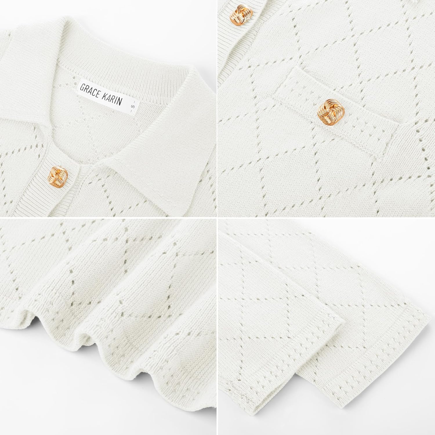 GRACE KARIN Sweaters for Women 3/4 Sleeve Polo Gold Button Knit Tops Slim Fitted Casual Work Collared Pullover Sweaters · v3