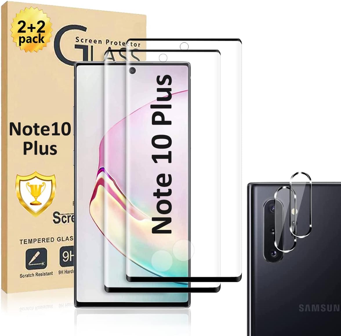 Protecteur d'écran pour Galaxy Note 10 Plus, film de protection d'écran en verre trempé pour Note 10 Plus【Lot de 2】Lot de 2 protecteurs d'objectif d'appareil photo, film de protection d'écran en verre trempé d'une dureté 9H pour Samsung Galaxy Note 10 Plus