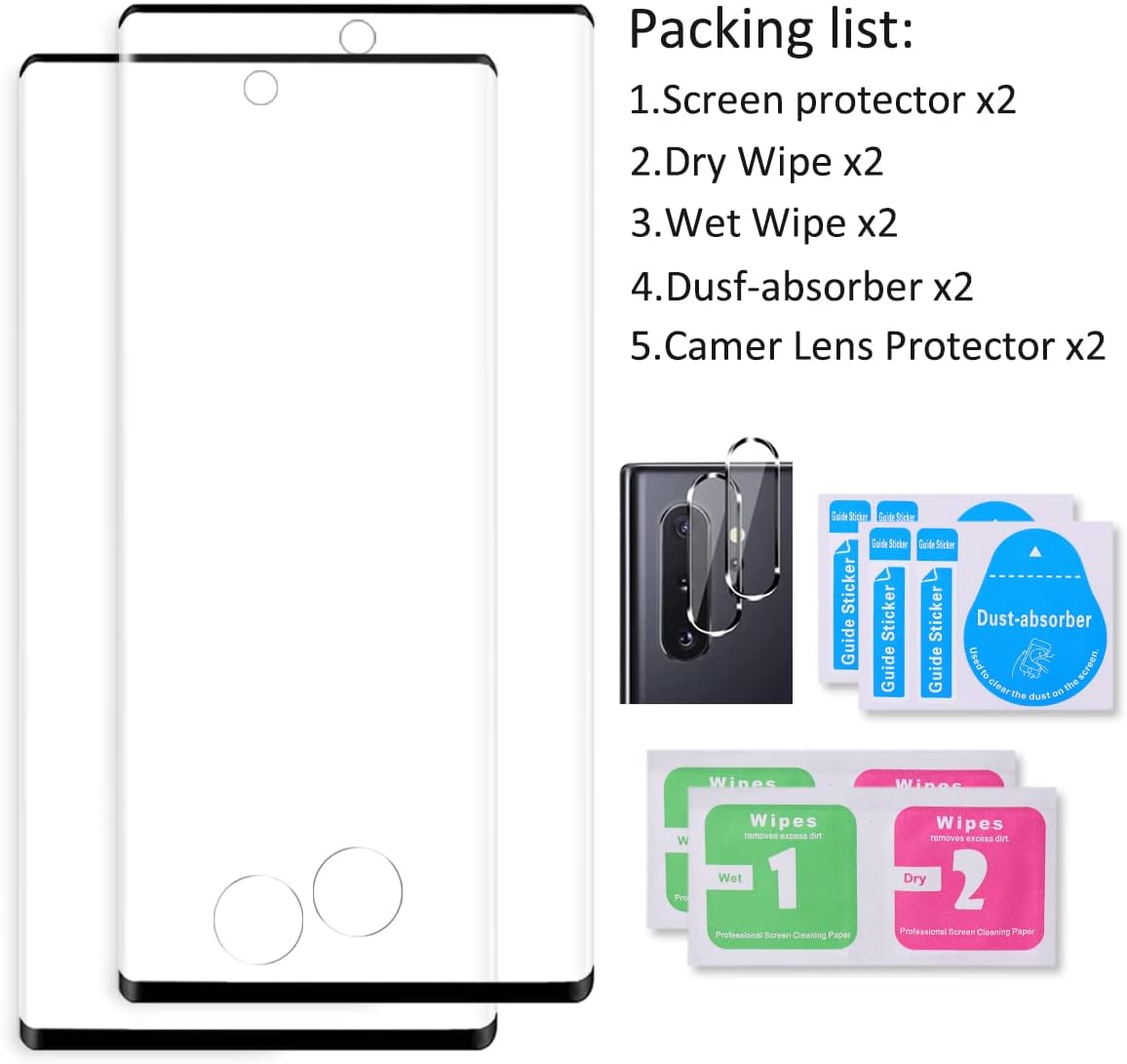 Protecteur d'écran pour Galaxy Note 10 Plus, film de protection d'écran en verre trempé pour Note 10 Plus【Lot de 2】Lot de 2 protecteurs d'objectif d'appareil photo, film de protection d'écran en verre trempé d'une dureté 9H pour Samsung Galaxy Note 10 Plus