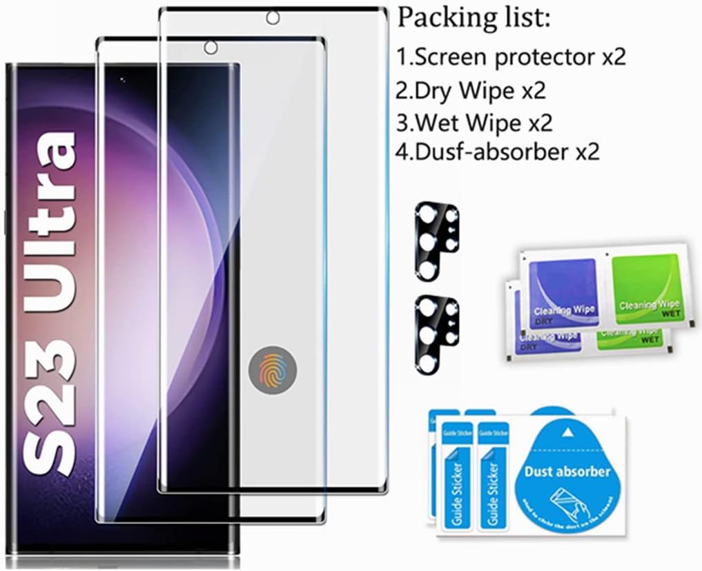 Protecteur d'écran pour Galaxy S23 Ultra, lot de 2 films de protection d'écran en verre trempé S23 Ultra【Lot de 2】Lot de 2 protecteurs d'objectif d'appareil photo, film de protection d'écran en verre trempé d'une dureté 9H pour Samsung Galaxy S23 Ultra