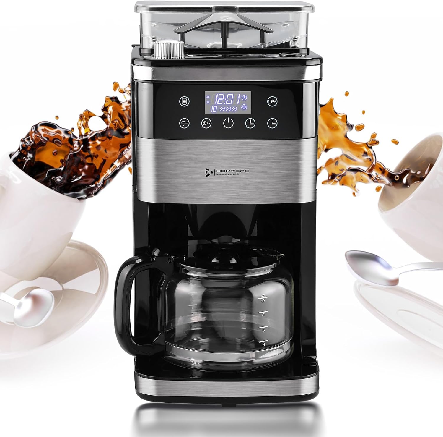 Homtone 10-Cup Coffee Maker with Burr Grinder Built-in,Programmable Grind  Brew, Smart LED Touchscreen Auto Drip Machine, 950W, Black/Stainless Steel, Customizable Strength amp; Grind Size