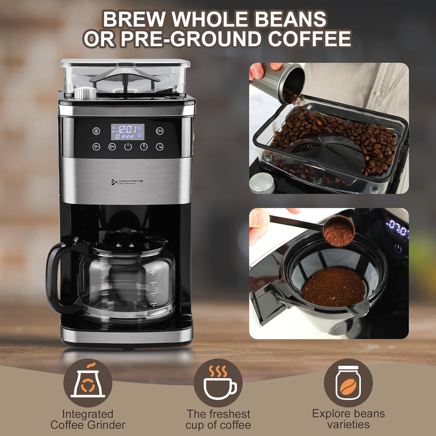 Homtone 10-Cup Coffee Maker with Burr Grinder Built-in,Programmable Grind Brew, Smart LED Touchscreen Auto Drip Machine, 950W, Black/Stainless Steel, Customizable Strength amp; Grind Size · v10