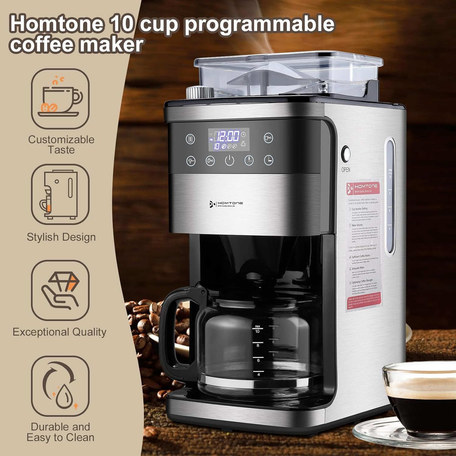 Homtone 10-Cup Coffee Maker with Burr Grinder Built-in,Programmable Grind Brew, Smart LED Touchscreen Auto Drip Machine, 950W, Black/Stainless Steel, Customizable Strength amp; Grind Size · v10