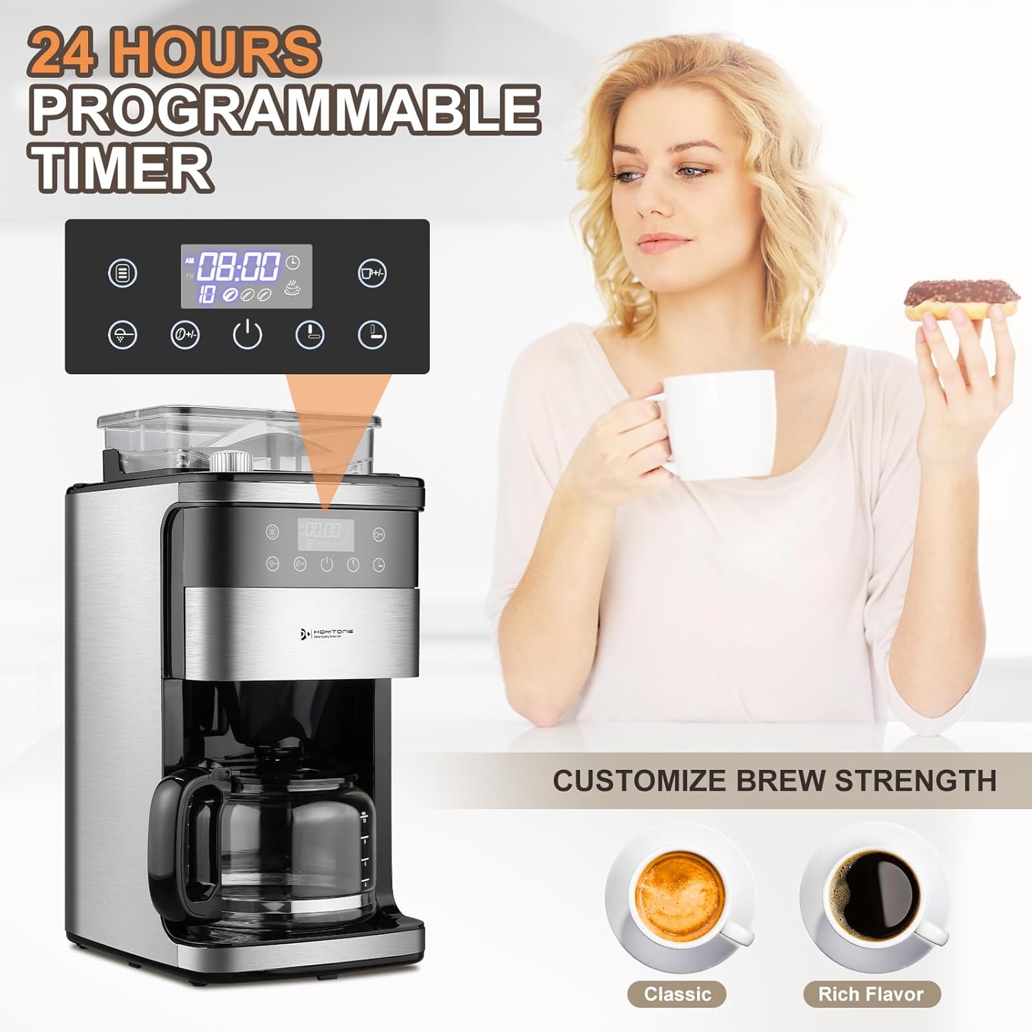 Homtone 10-Cup Coffee Maker with Burr Grinder Built-in,Programmable Grind Brew, Smart LED Touchscreen Auto Drip Machine, 950W, Black/Stainless Steel, Customizable Strength amp; Grind Size · v10