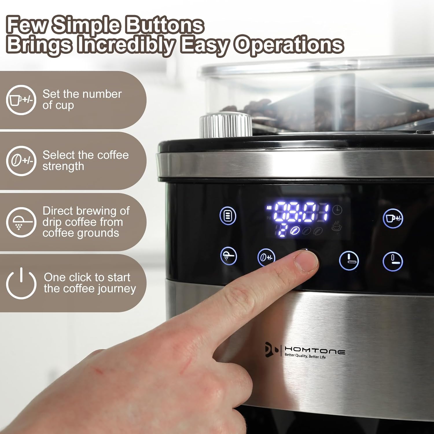 Homtone 10-Cup Coffee Maker with Burr Grinder Built-in,Programmable Grind Brew, Smart LED Touchscreen Auto Drip Machine, 950W, Black/Stainless Steel, Customizable Strength amp; Grind Size · v10
