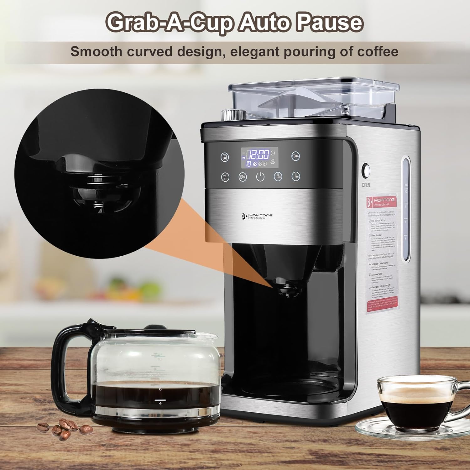 Homtone 10-Cup Coffee Maker with Burr Grinder Built-in,Programmable Grind Brew, Smart LED Touchscreen Auto Drip Machine, 950W, Black/Stainless Steel, Customizable Strength amp; Grind Size · v10