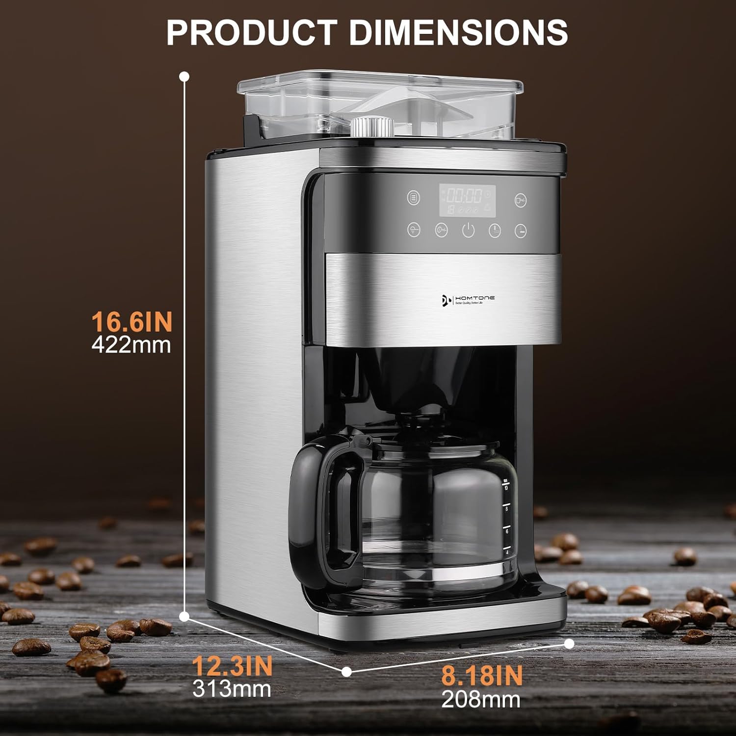 Homtone 10-Cup Coffee Maker with Burr Grinder Built-in,Programmable Grind Brew, Smart LED Touchscreen Auto Drip Machine, 950W, Black/Stainless Steel, Customizable Strength amp; Grind Size · v10