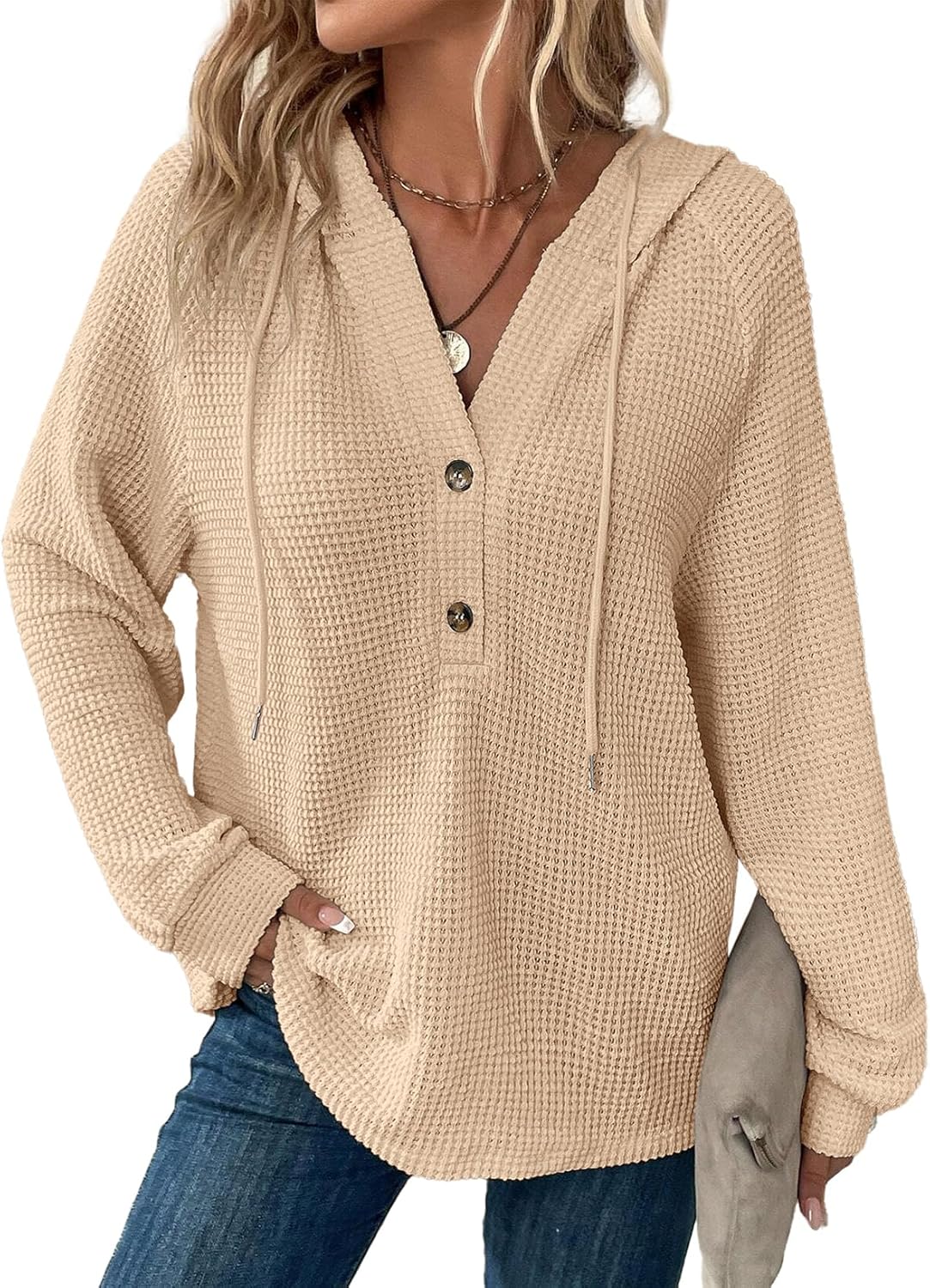 Dokotoo Kapuzenpullis für Damen, Waffelstrick, Tunnelzug, Knöpfe, V-Ausschnitt, Langarm, lässiger Pullover, Sweatshirt, Kapuzenoberteile