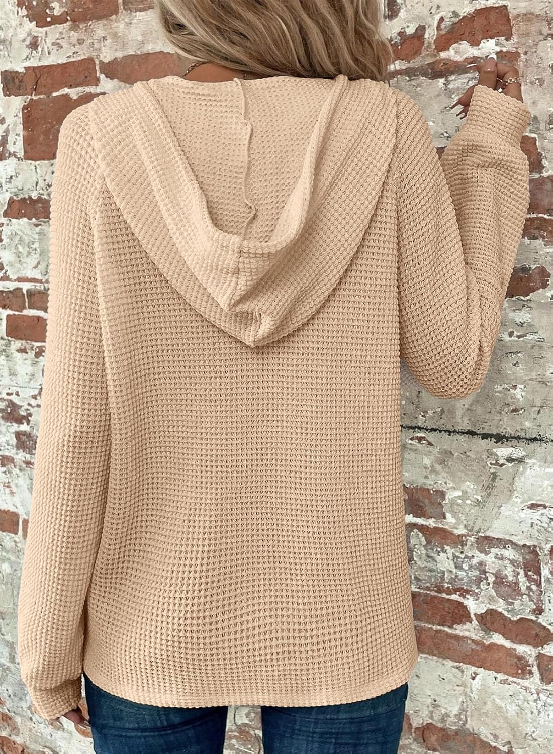 Dokotoo Kapuzenpullis für Damen, Waffelstrick, Tunnelzug, Knöpfe, V-Ausschnitt, Langarm, lässiger Pullover, Sweatshirt, Kapuzenoberteile