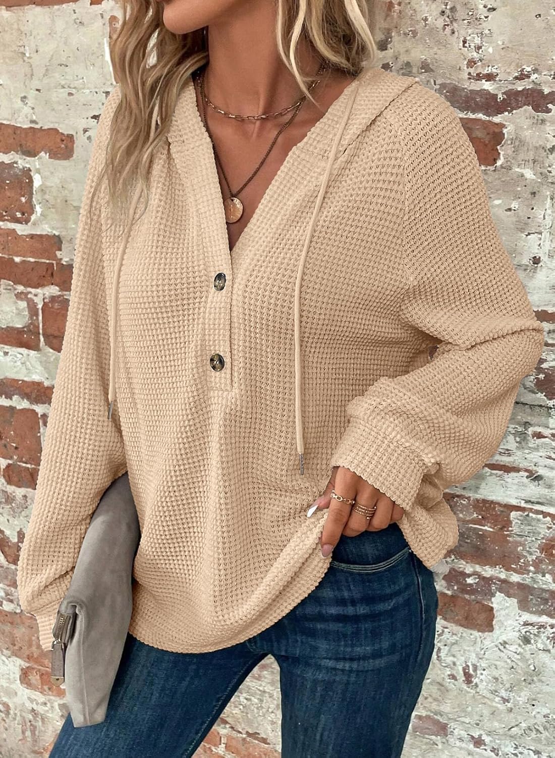 Dokotoo Kapuzenpullis für Damen, Waffelstrick, Tunnelzug, Knöpfe, V-Ausschnitt, Langarm, lässiger Pullover, Sweatshirt, Kapuzenoberteile