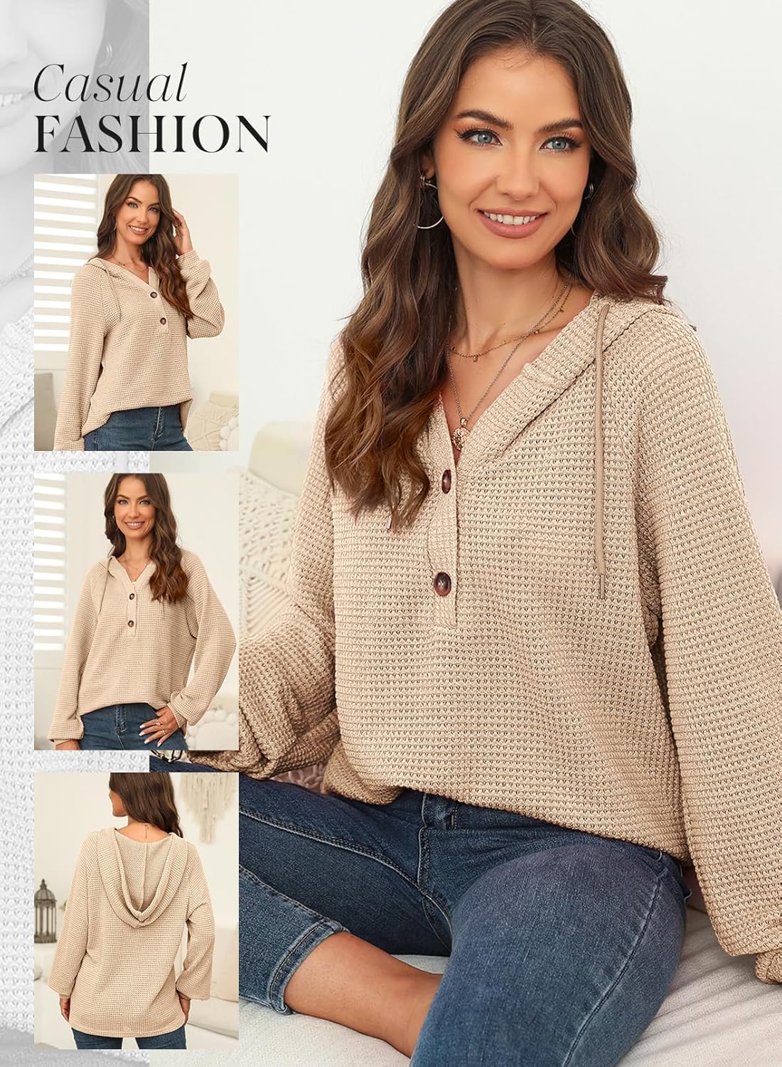 Dokotoo Kapuzenpullis für Damen, Waffelstrick, Tunnelzug, Knöpfe, V-Ausschnitt, Langarm, lässiger Pullover, Sweatshirt, Kapuzenoberteile