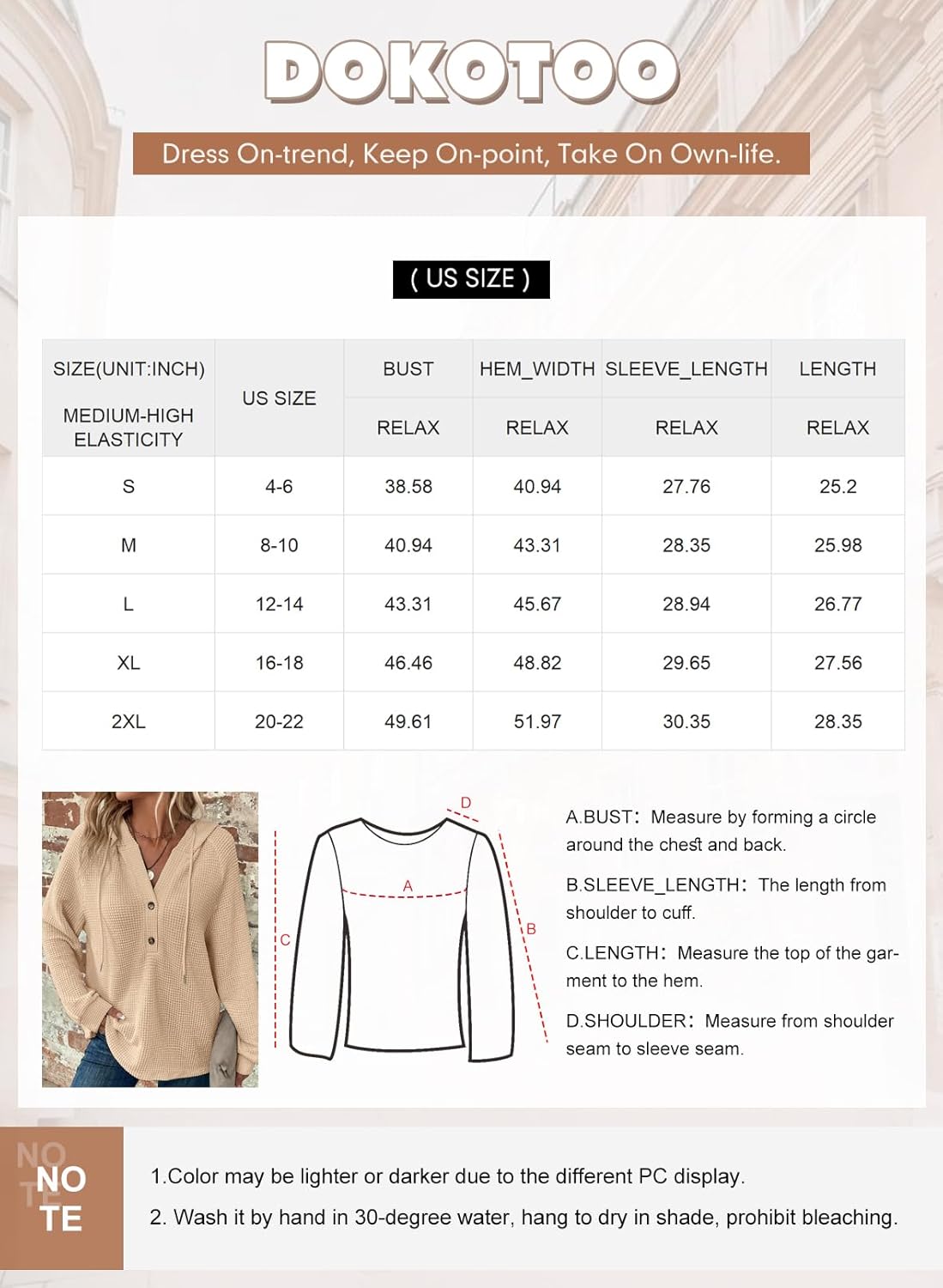 Dokotoo Kapuzenpullis für Damen, Waffelstrick, Tunnelzug, Knöpfe, V-Ausschnitt, Langarm, lässiger Pullover, Sweatshirt, Kapuzenoberteile