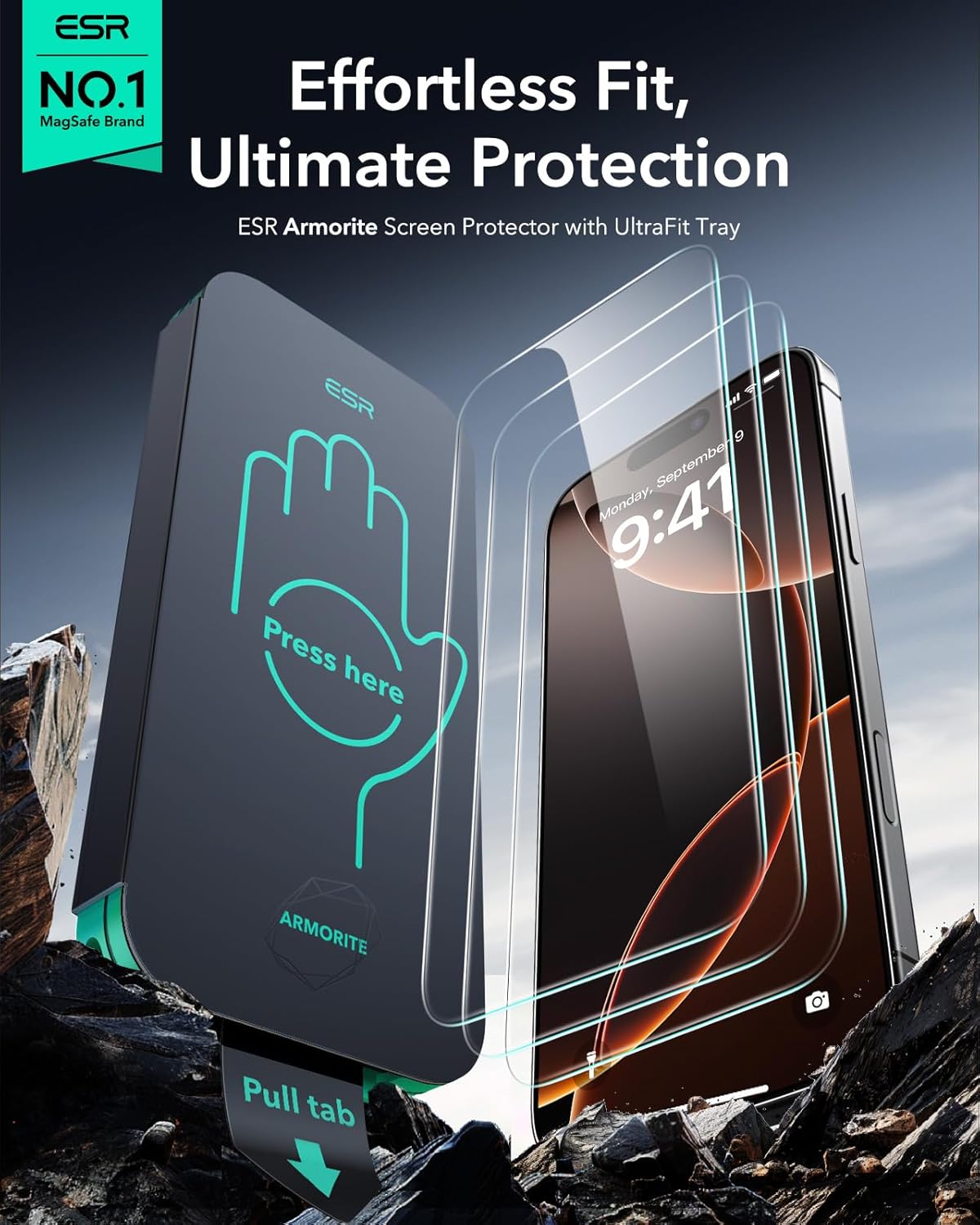 Lot de 3 films de protection d'écran ESR en verre 9H pour iPhone 16 Pro, [De qualité militaire, incassable et durable] Verre trempé ultra résistant avec outil d'installation facile mis à jour