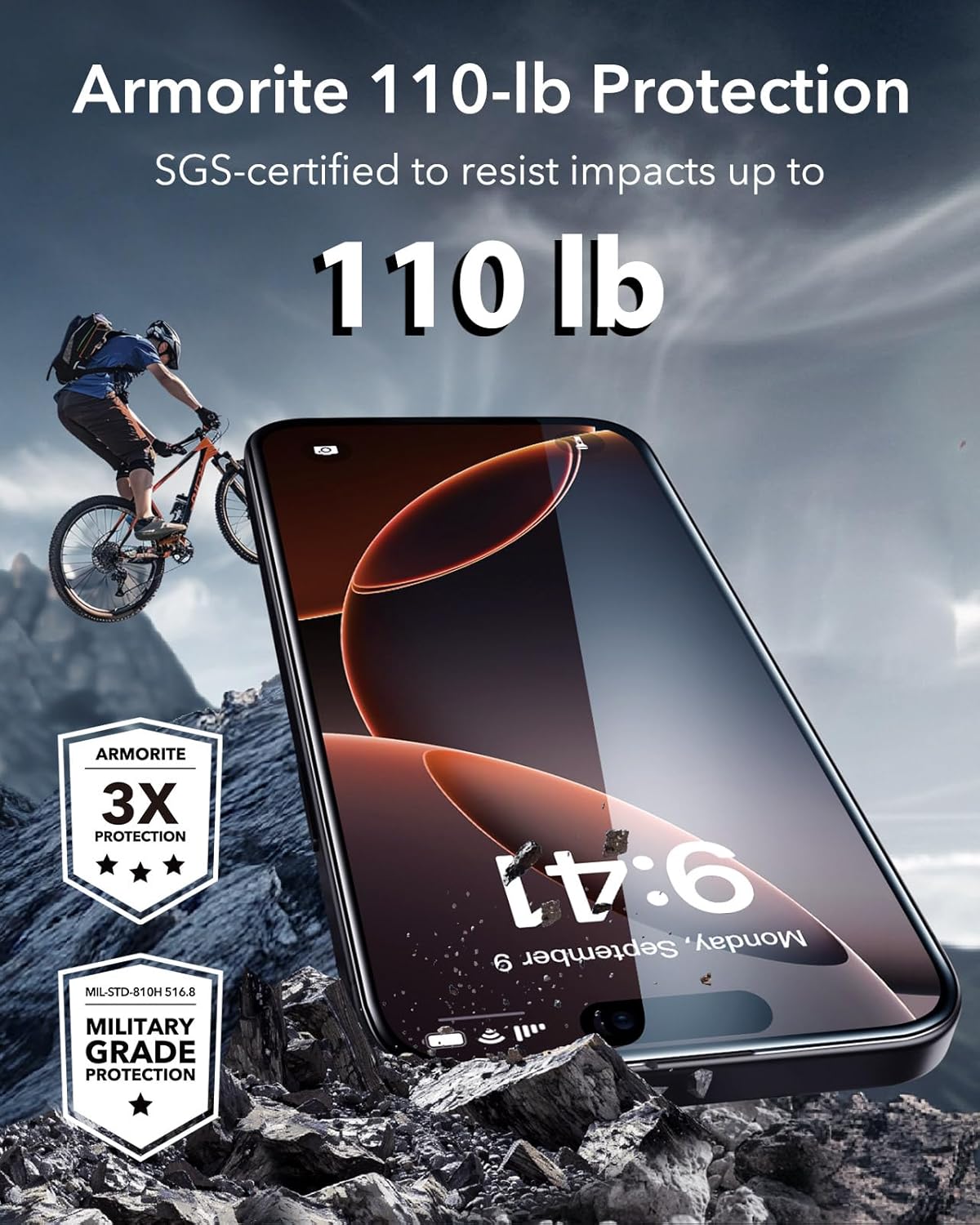 Lot de 3 films de protection d'écran ESR en verre 9H pour iPhone 16 Pro, [De qualité militaire, incassable et durable] Verre trempé ultra résistant avec outil d'installation facile mis à jour