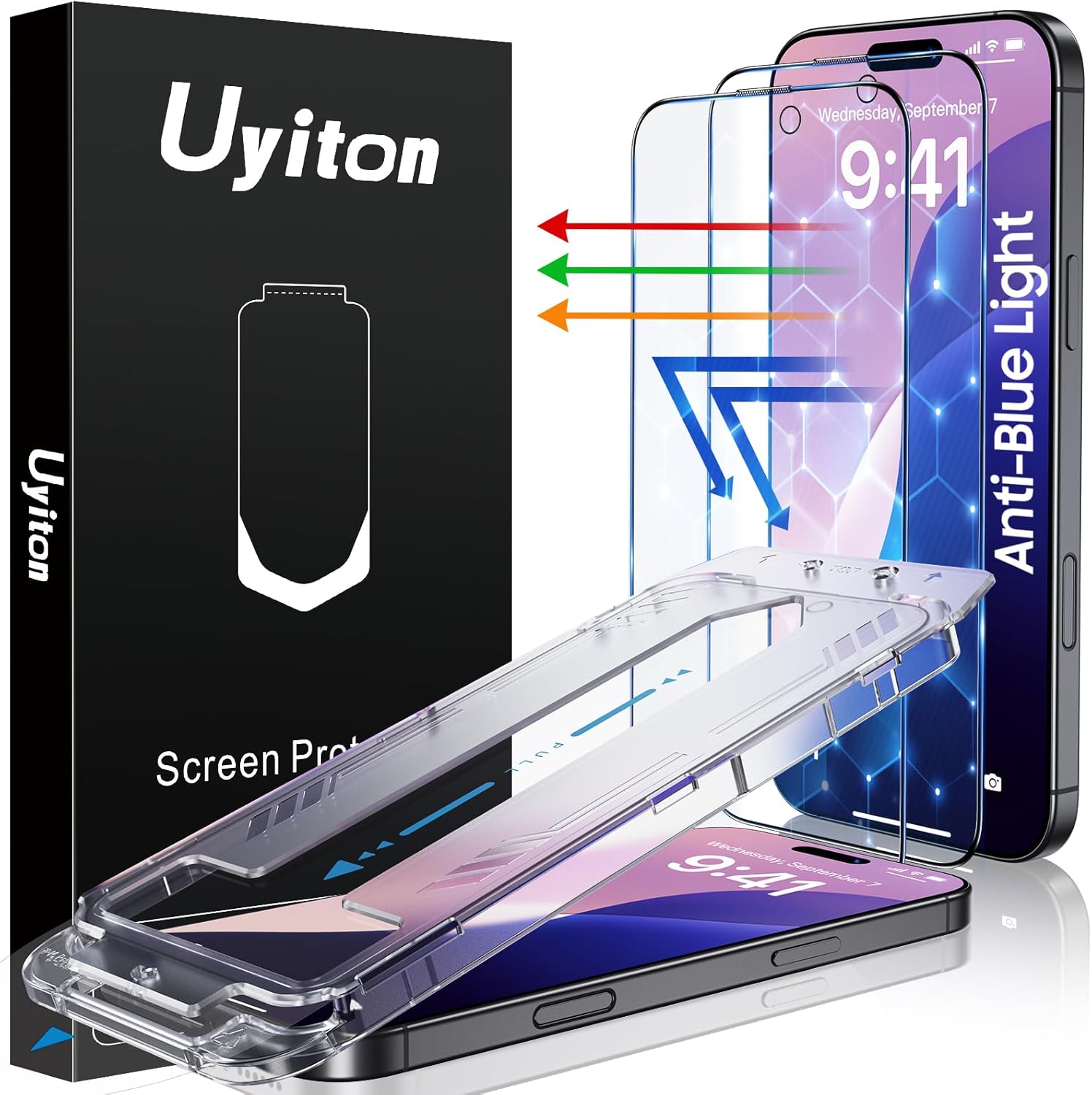 Uyiton Compatible with iPhone 16 Screen Protector (Anti-Blue Light) - [Easy Fit] Shatterproof Full Coverage [Case Friendly] 9H Tempered Glass Screen Protector for iPhone 16, 2 Pack